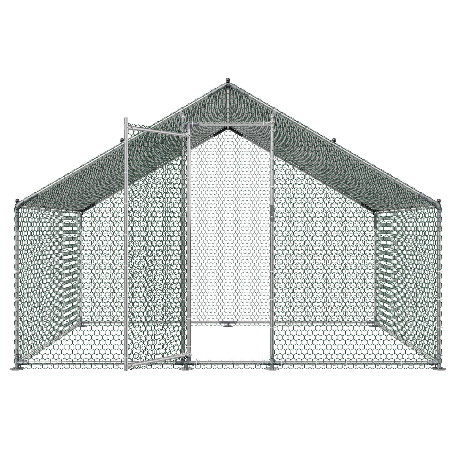 Alt View 5. VEVOR - Large Metal Chicken Coop, 9.8 x 6.6 x 6.6 ft, Walk-in Chicken Runs with Waterproof Cover, Spire Roof Hen House Enclosure - Silver.