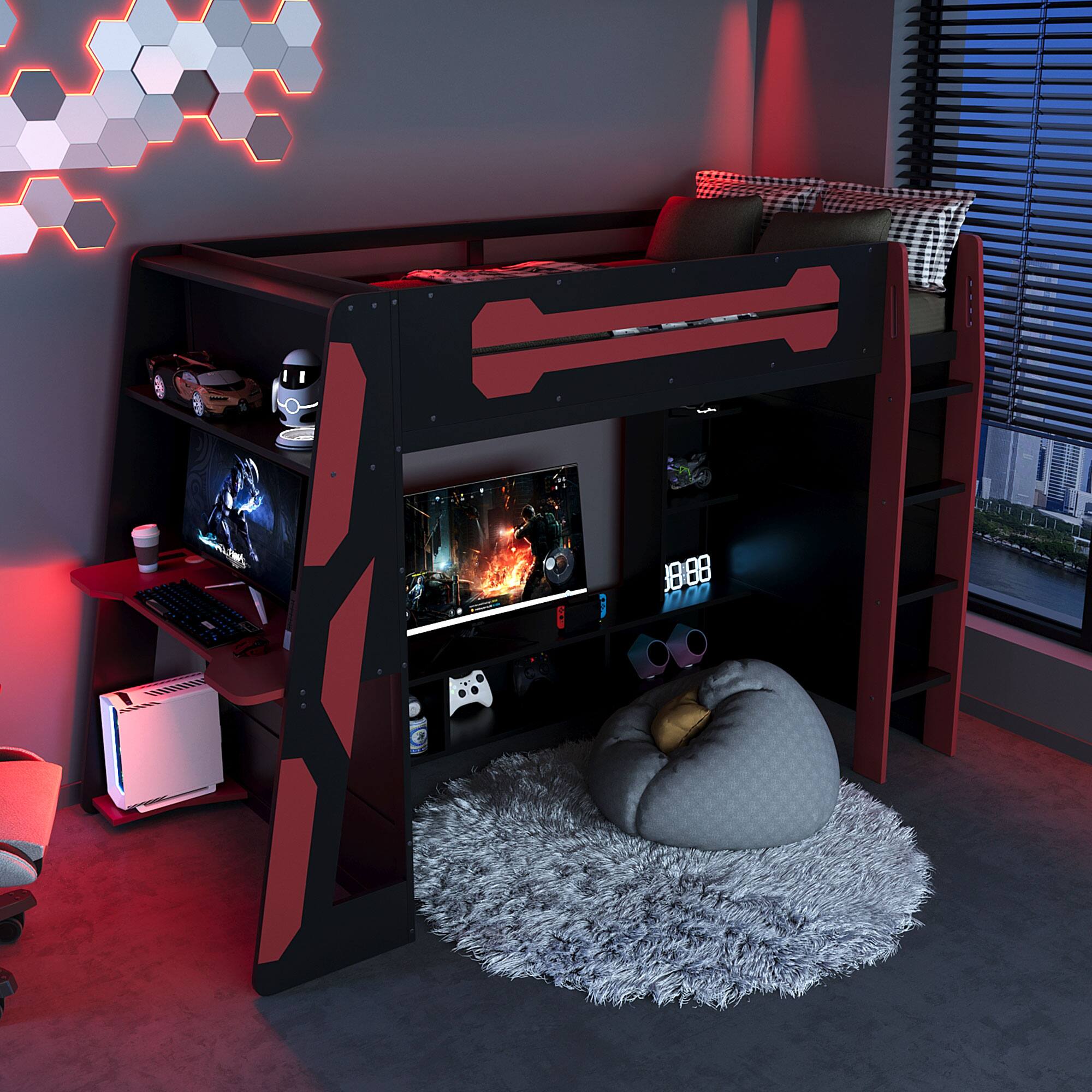 Left. Anysun - Twin Size Wood Loft Bed with Desk, Multi-storage Shelves and RGB Light - Red.