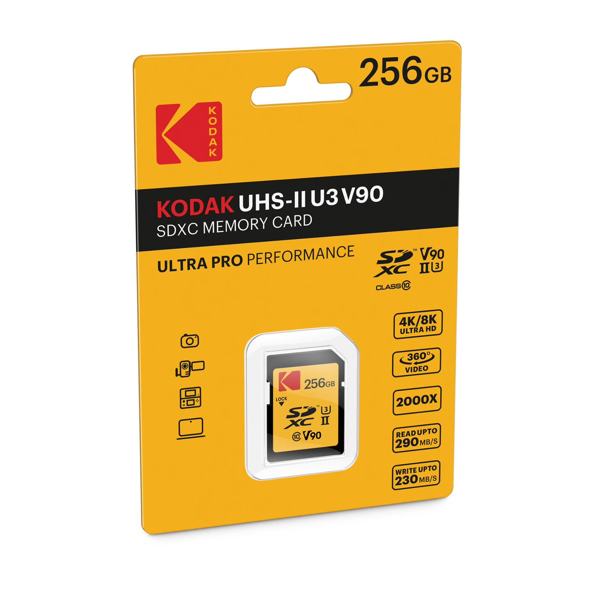 256GB KODAK UHS-II U3 V90 SDXC MEMORY CARD  
ULTRA PRO PERFORMANCE  
4K/8K ULTRA HD  
360° VIDEO  
2000X  
READ UPTO 290 MB/S  
WRITE UPTO 230 MB/S