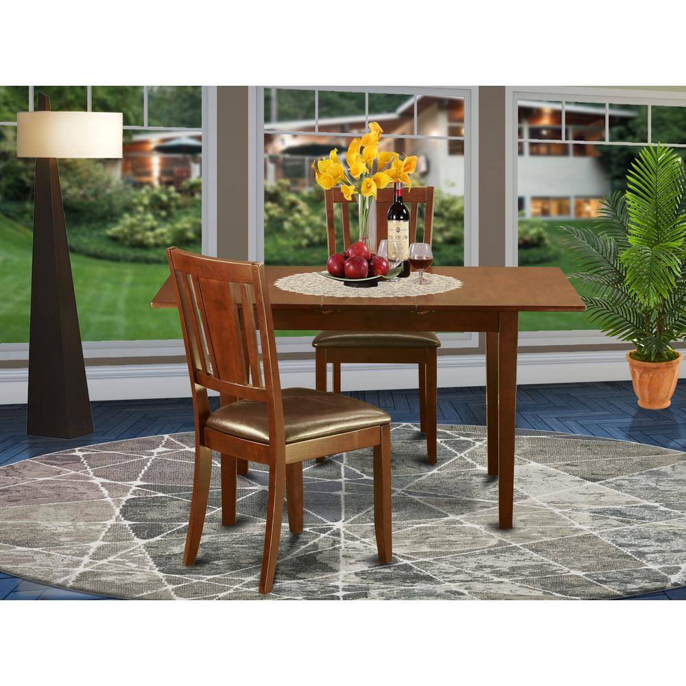 Back. East West Furniture - 3 Pc Small Kitchen nook Dining set - Table with Leaf and 2 Dining Chairs - Mahogany.