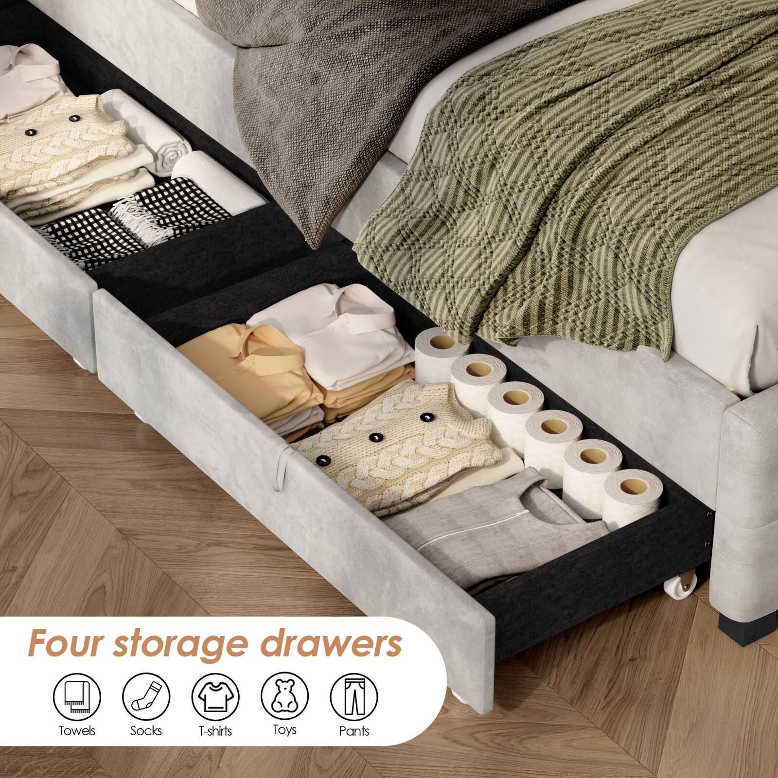 Four storage drawers

- Towels
- Socks
- T-shirts
- Toys
- Pants
