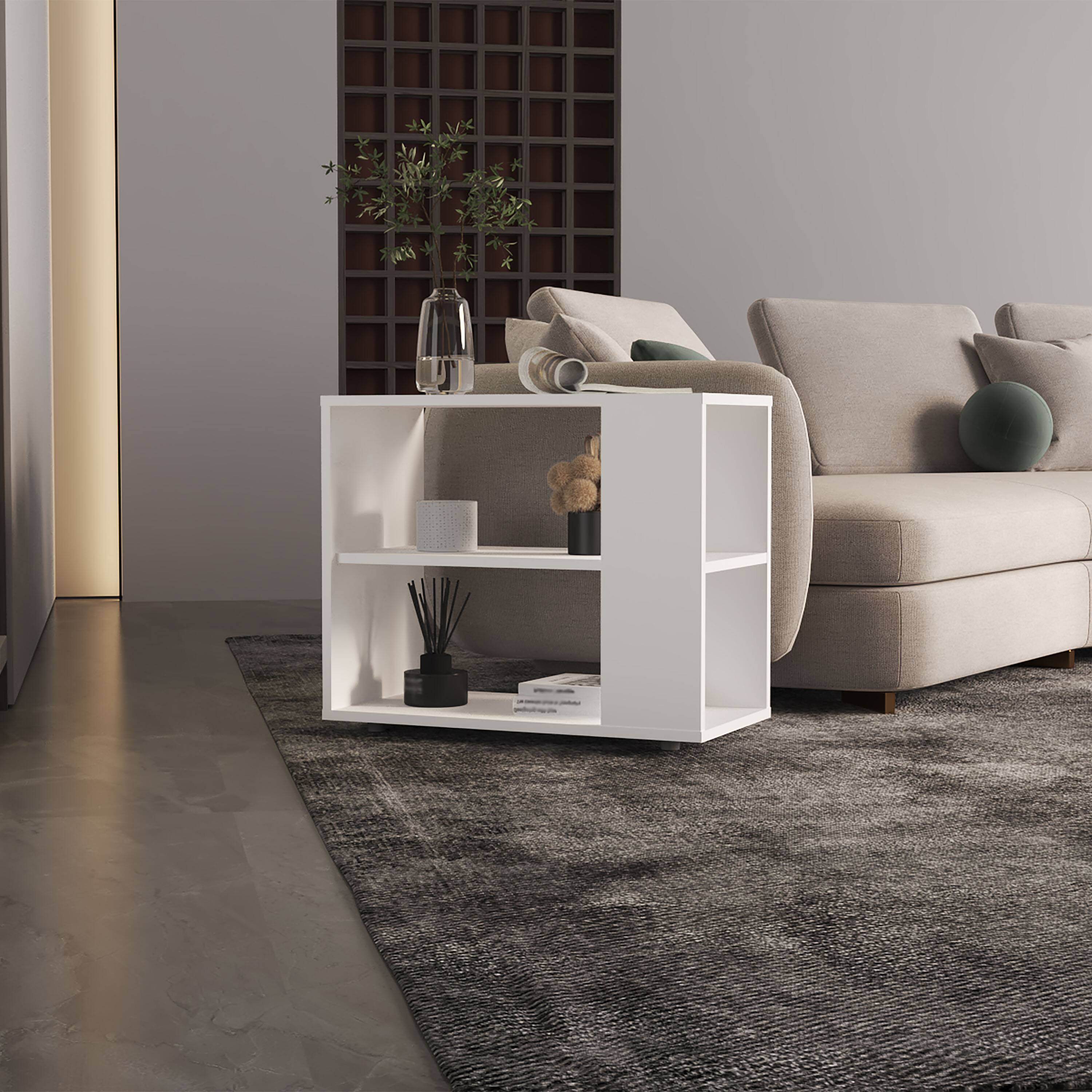 Angle. TuHome - Gardin High Side Table , End Table, Sofa Table with Two Shelves and a Minimalist Design - White.