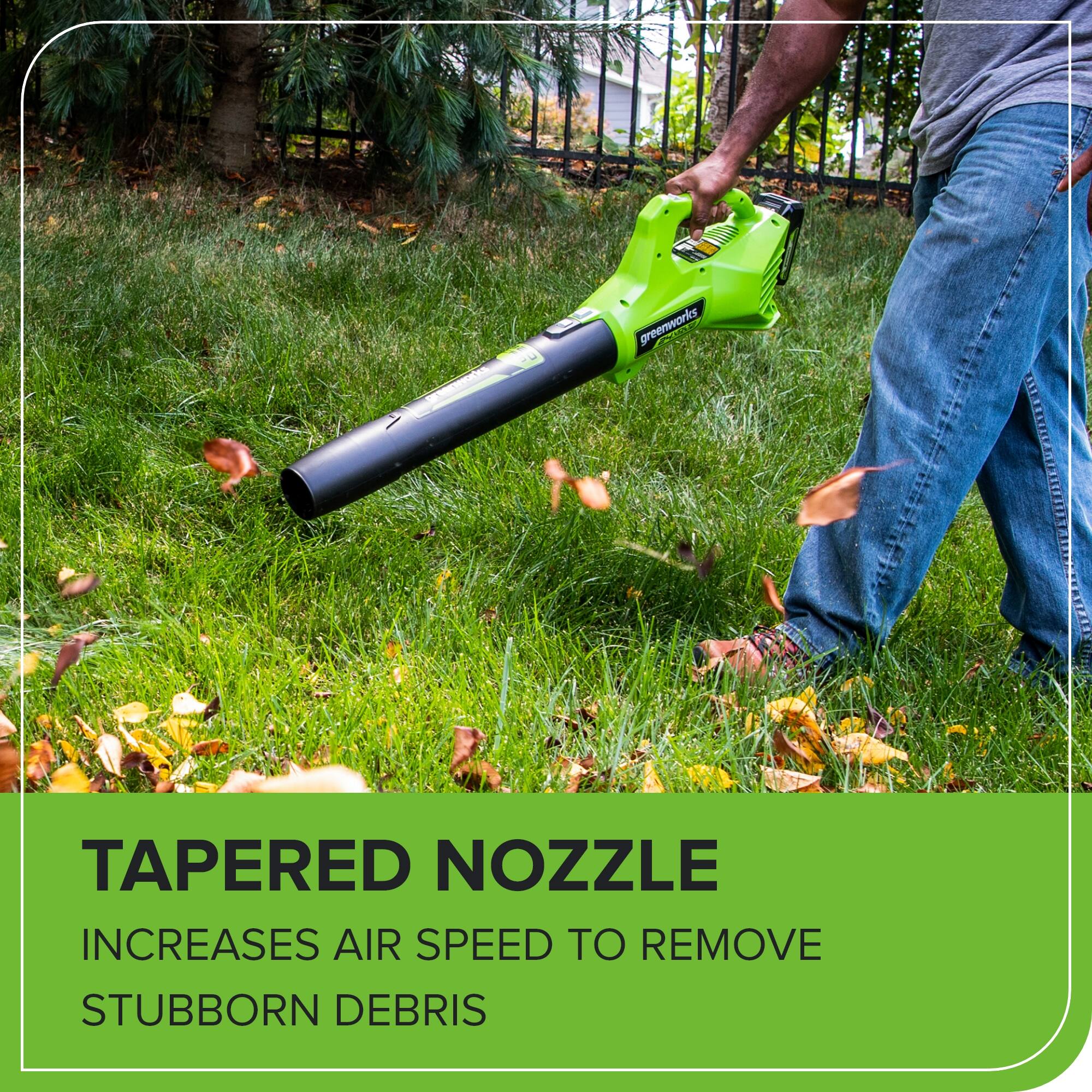 greenworks TAPERED NOZZLE INCREASES AIR SPEED TO REMOVE STUBBORN DEBRIS