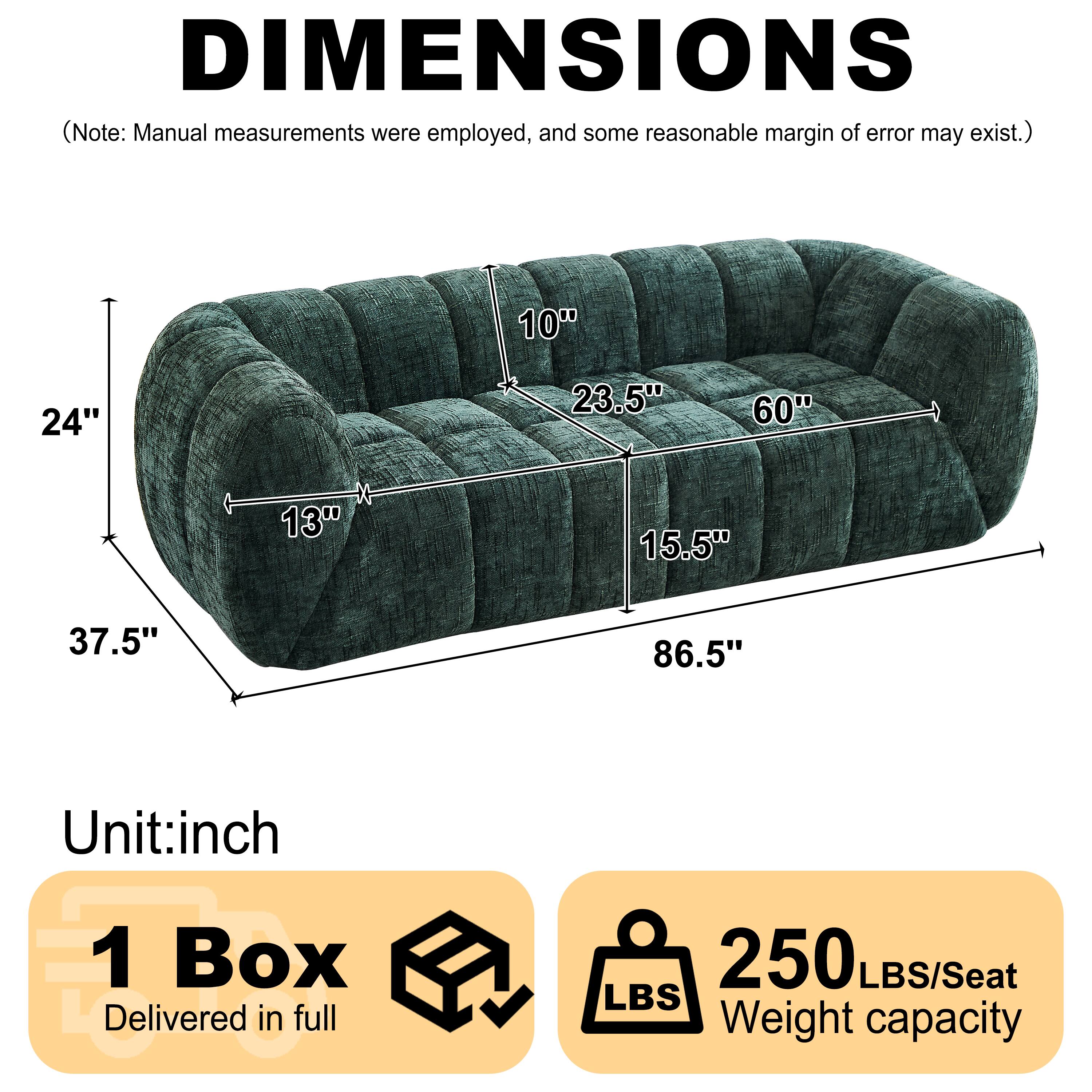 DIMENSIONS  
(Note: Manual measurements were employed, and some reasonable margin of error may exist.)  

10" 24" 23.5" 60" 13" 15.5" 37.5" 86.5"  
Unit: inch  

1 Box Delivered in full  
250 LBS/Seat  
Weight capacity