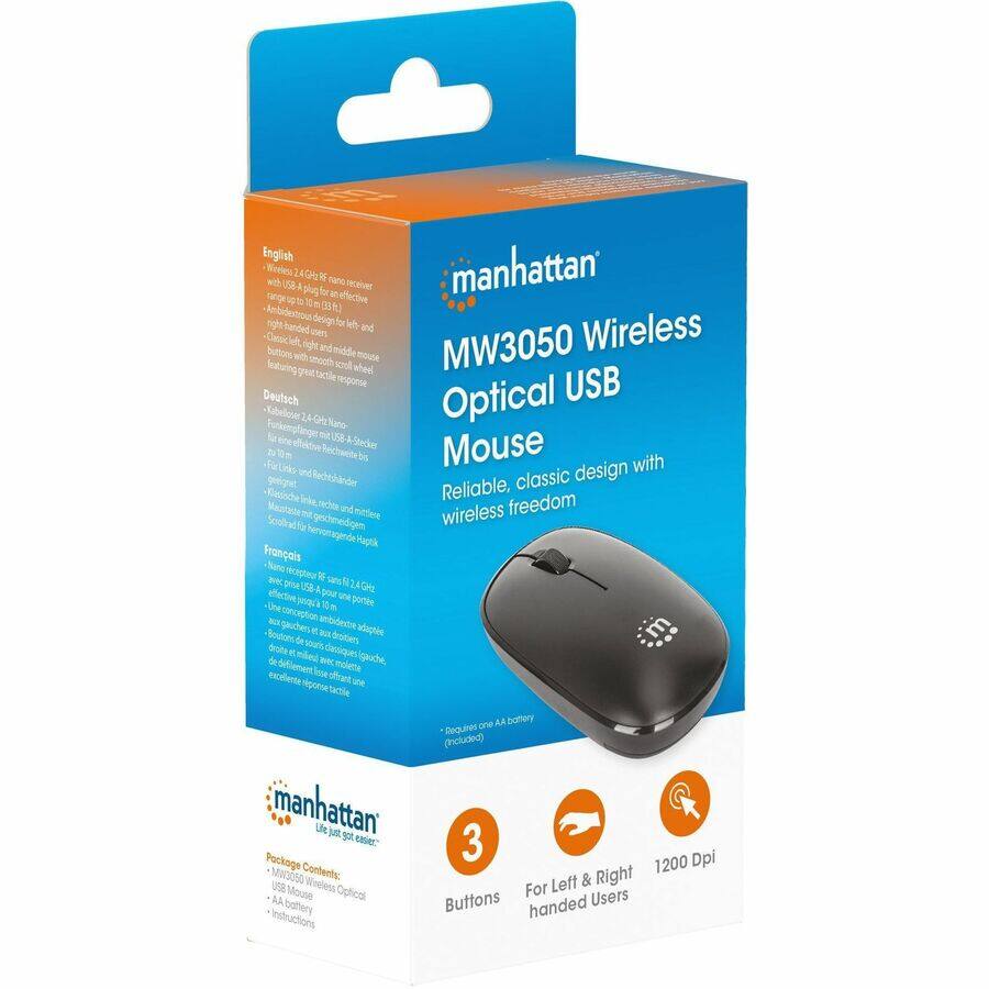 **English:**
- Wireless 2.4 GHz USB receiver with USB-A plug for effective range up to 10 m (33 ft)
- Ambidextrous design for left and right-handed users
- Classic design with smooth scroll wheel and tactile response
- Reliable, classic design with wireless freedom

**Deutsch:**
- Kabelloses 2.4 GHz-Nano-Receiver mit USB-A-Anschluss für eine Reichweite von bis zu 10 m (33 ft)
- Ambidextrous Design für Links- und Rechtshänder
- Klassisches Design mit glatter Radschale und kraftvoller Tastenreaktion
- Zuverlässiges, klassisches Design mit kabelloser Freiheit

**Français:**
- Récepteur sans fil 2.4 GHz USB avec prise USB-A pour une portée allant jusqu'à 10 m (33 ft)
- Conception ambidextre pour gauchers et droitiers
- Design classique avec roue de défilement lisse et réponse tactile
- Design classique fiable avec liberté sans fil

**Packaging Contents:**
- MW3050 Wireless