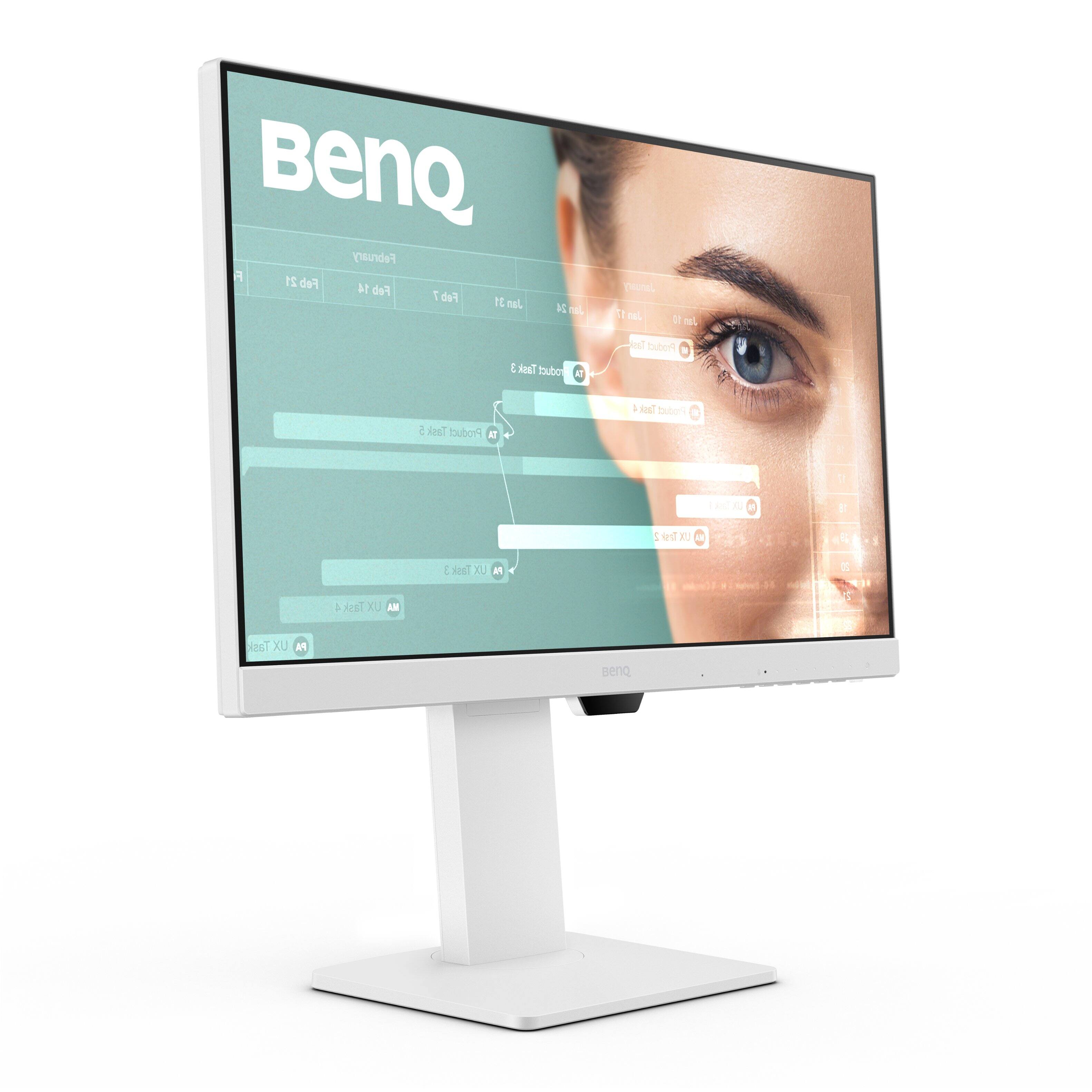 BenQ is a company that specializes in computer monitors. The image shows a BenQ computer monitor with a woman's face on the screen. The monitor is white and has a stand, making it easy to place on a desk. The screen displays a woman's face, which could be a part of a video or an advertisement. The company is known for its high-quality monitors and innovative technology.