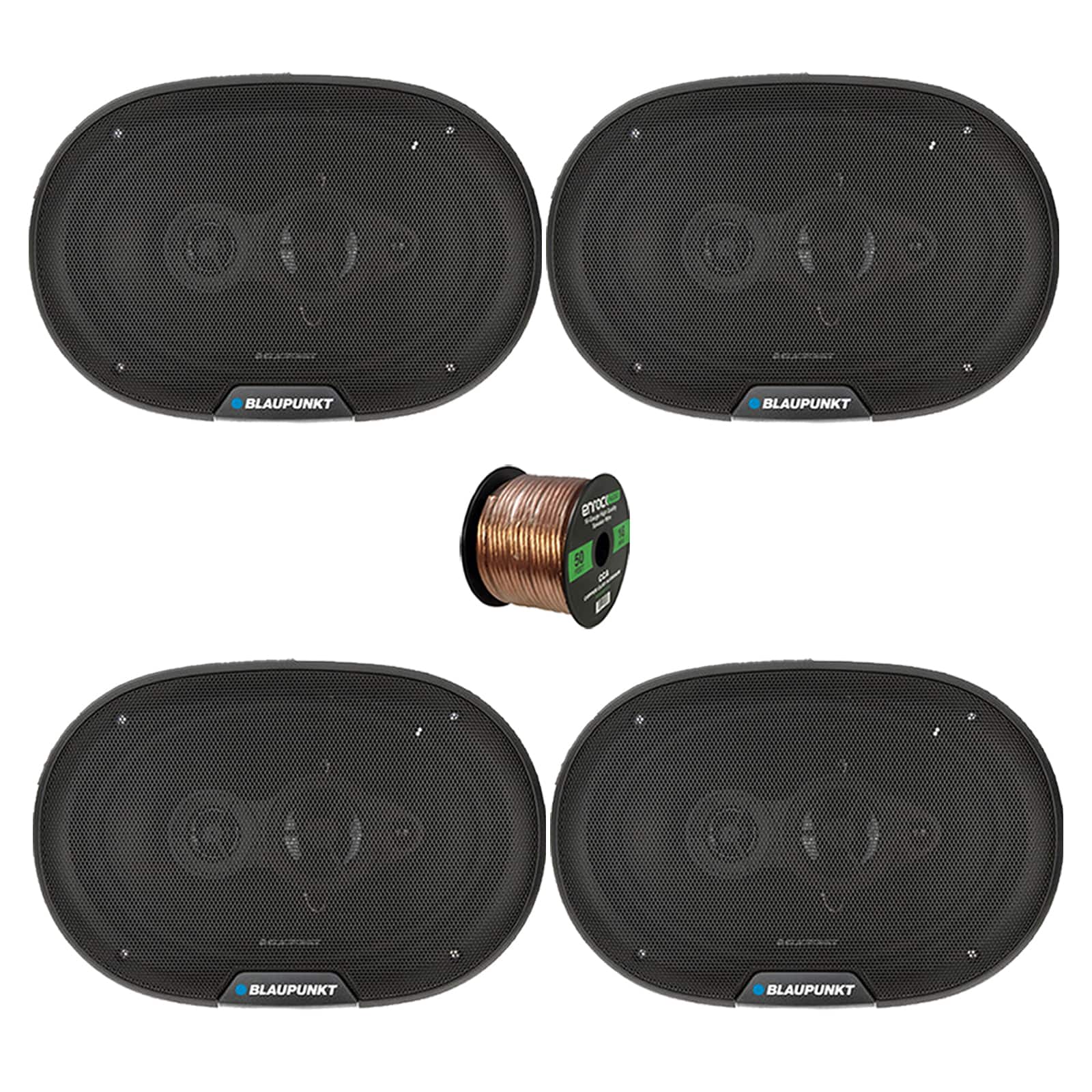 2 Pair (Qty 4) of Blaupunkt BPS-E694 6x9" 70 Watt Max 4-Way Car Speakers with 50 Feet 16 Gauge Wire