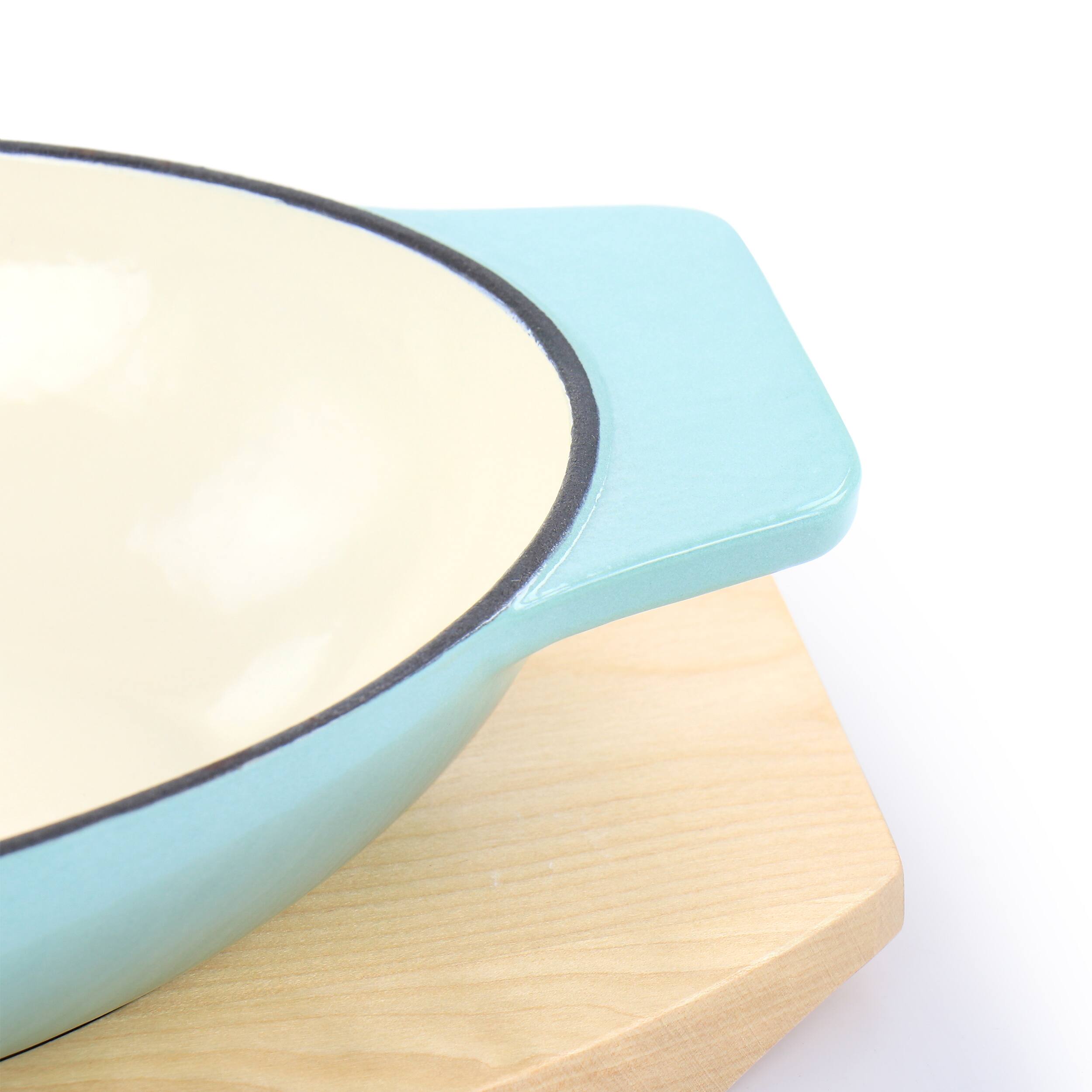 Alt View 5. Martha Stewart - Martha Stewart 2 Piece Enameled Cast Iron Oval Casserole Birch Wood Trivet Set in Aqua - Aqua.