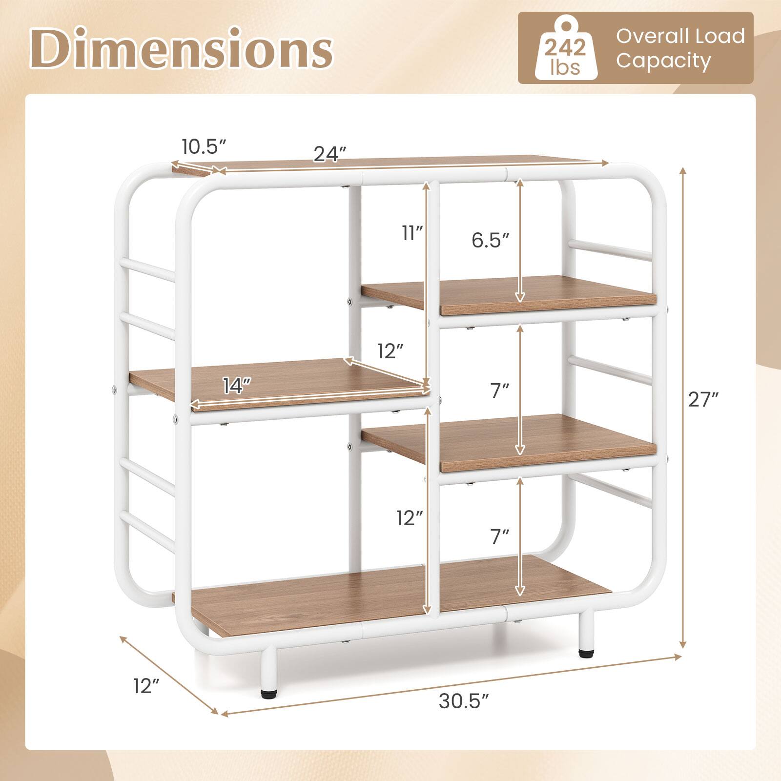 Dimensions  
Overall Load Capacity: 242 lbs  
10.5" x 24" x 11" x 6.5"  
14" x 12" x 7"  
27" x 12" x 7"  
12" x 30.5"