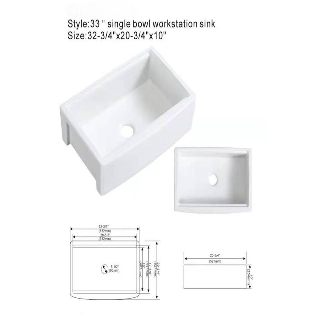 Style: 33" single bowl workstation sink  
Size: 32-3/4"x20-3/4"x10"  
32-3/4" (832mm)  
29-50 152mm + 3-1/2" 90mm)  
10 44 (447mm)  
17-5/8 527mm  
20-3/4 20-3/4" (527mm)  
254mm)