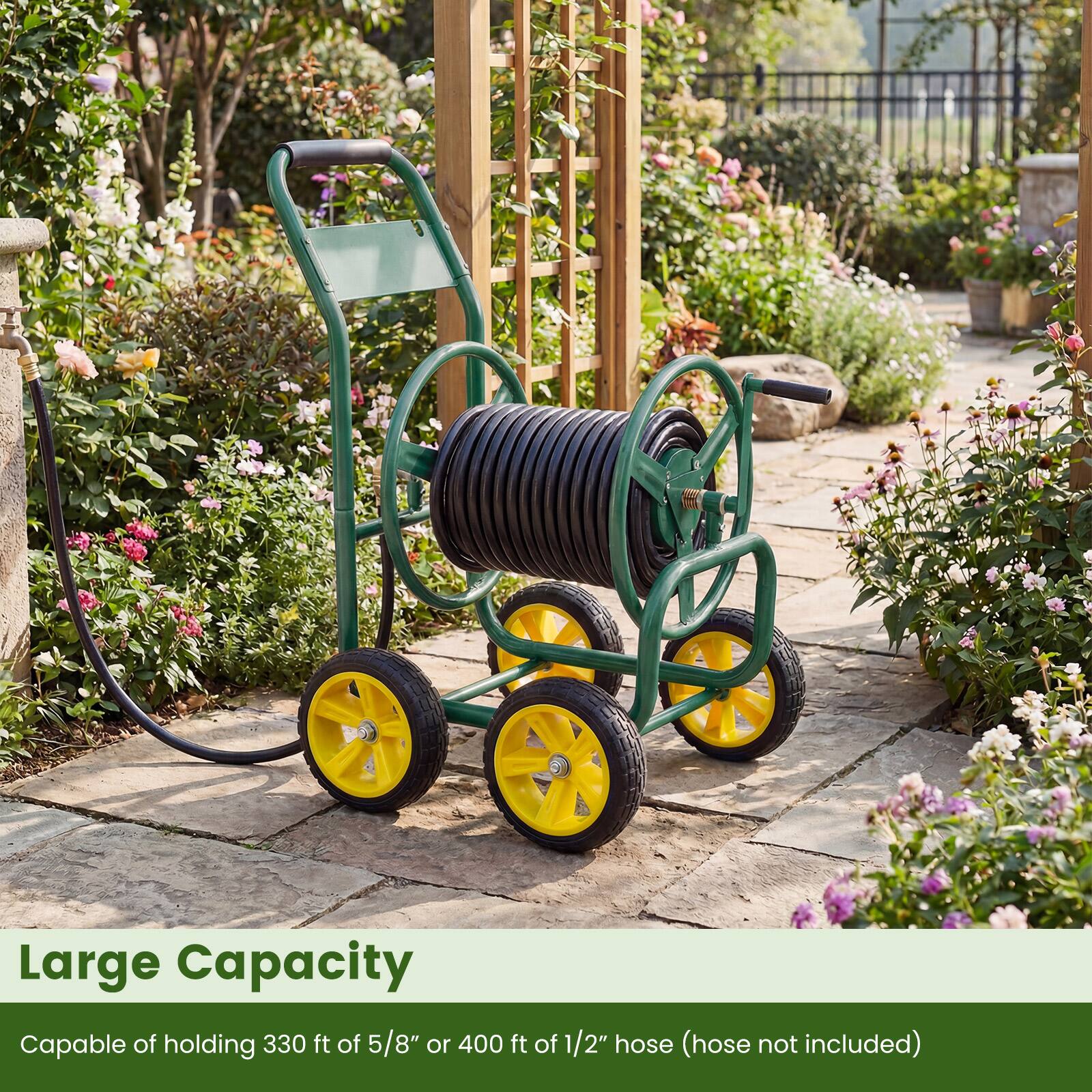 Large Capacity  
Capable of holding 330 ft of 5/8" or 400 ft of 1/2" hose (hose not included)