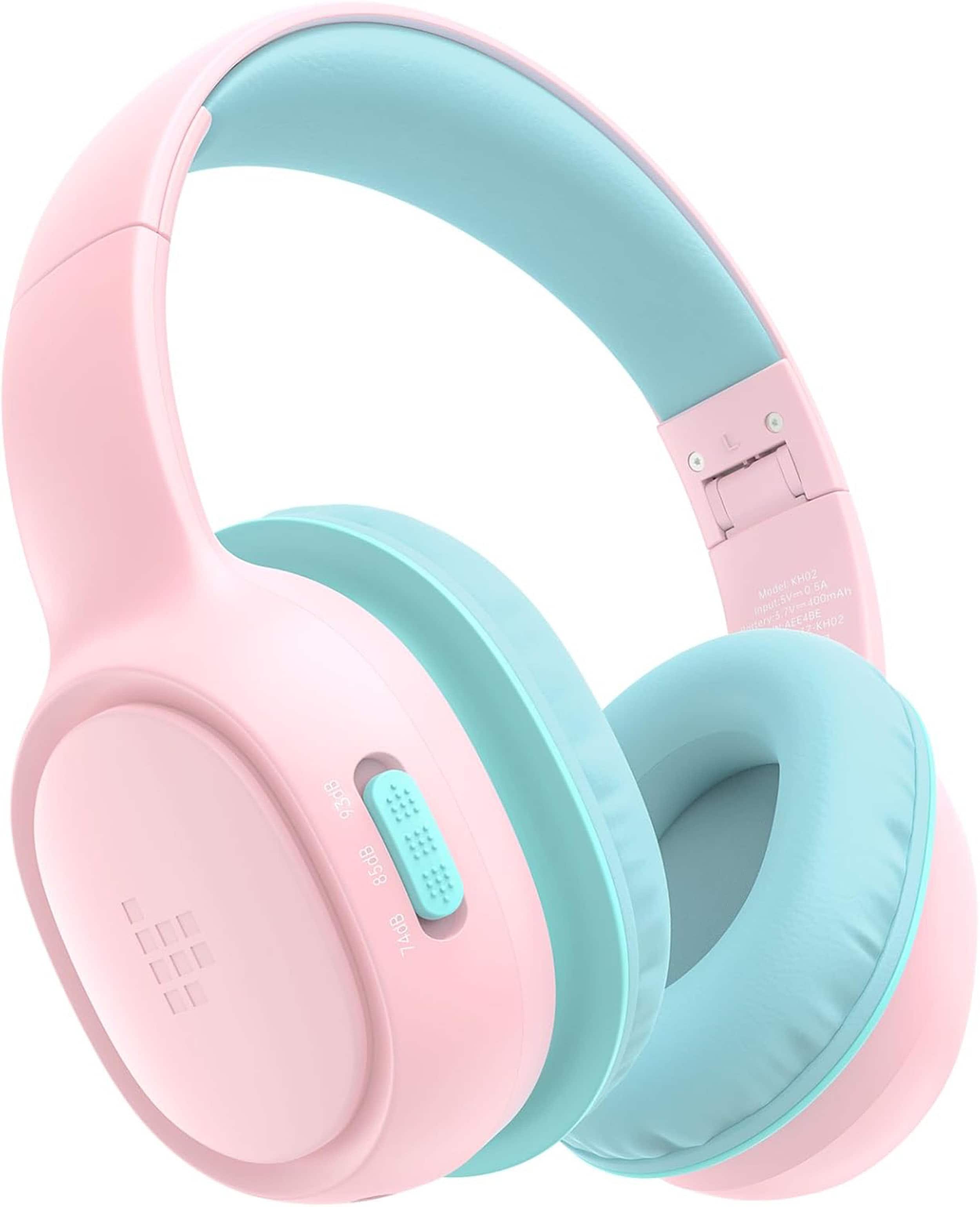 The image features a pair of pink and blue headphones with a pink and blue case. The headphones are designed for children and have a built-in microphone. The headphones are made by the company KH0Z and have a 400mAh battery. The headphones are equipped with a 3.5mm input and are compatible with the Apple iPhone. The headphones have a frequency response of 93dB, 85dB, and 74dB.