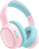 The image features a pair of pink and blue headphones with a pink and blue case. The headphones are designed for children and have a built-in microphone. The headphones are made by the company KH0Z and have a 400mAh battery. The headphones are equipped with a 3.5mm input and are compatible with the Apple iPhone. The headphones have a frequency response of 93dB, 85dB, and 74dB.