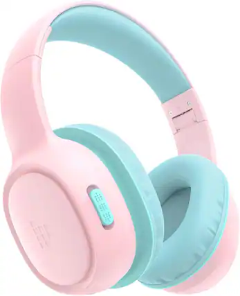 The image features a pair of pink and blue headphones with a pink and blue case. The headphones are designed for children and have a built-in microphone. The headphones are made by the company KH0Z and have a 400mAh battery. The headphones are equipped with a 3.5mm input and are compatible with the Apple iPhone. The headphones have a frequency response of 93dB, 85dB, and 74dB.