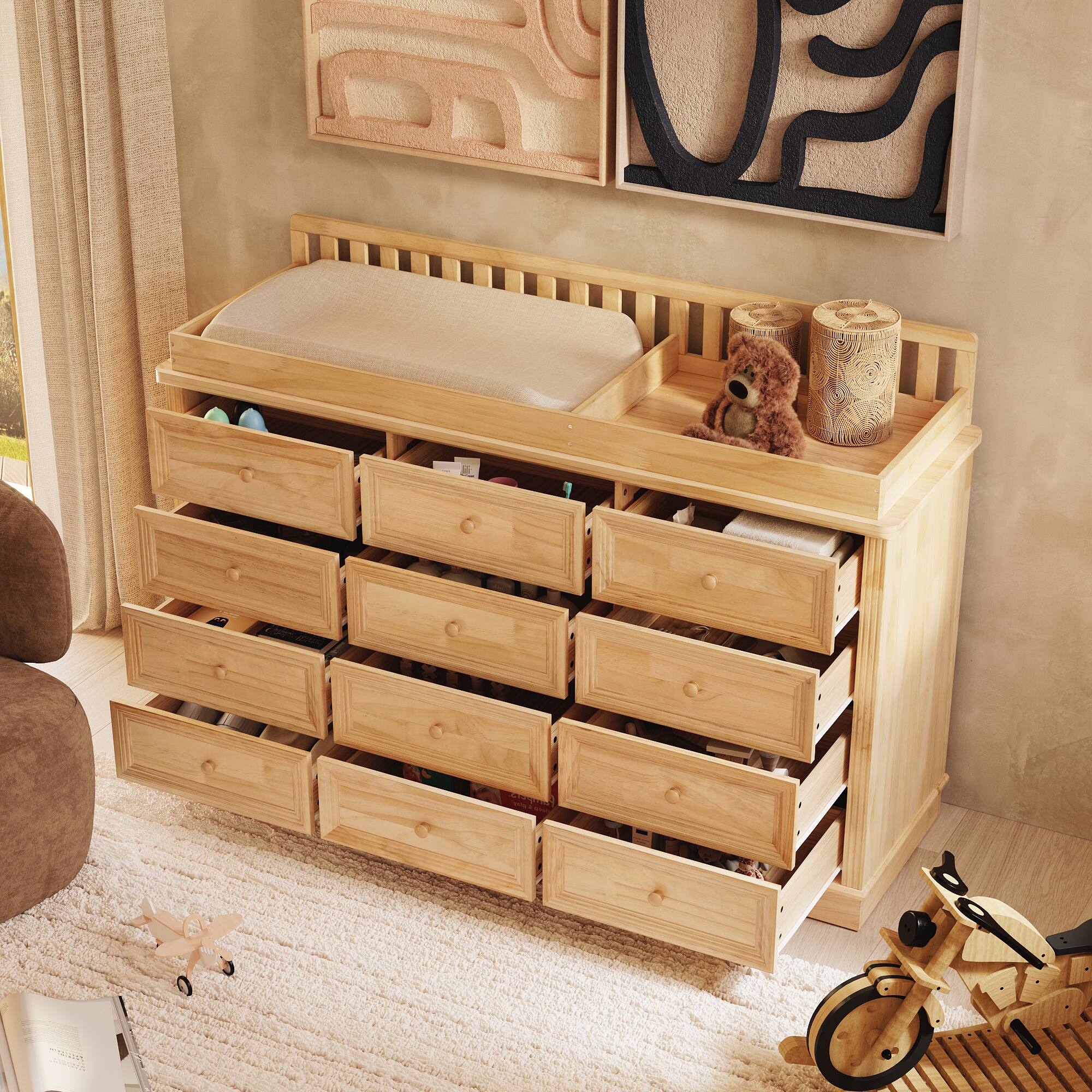 Left. Homsee - Baby Changing Table Dresser with Drawers Solid Wood Nursery Organizer Diaper Storage Cabinet with Anti-Tip Safety Design - Wooden.