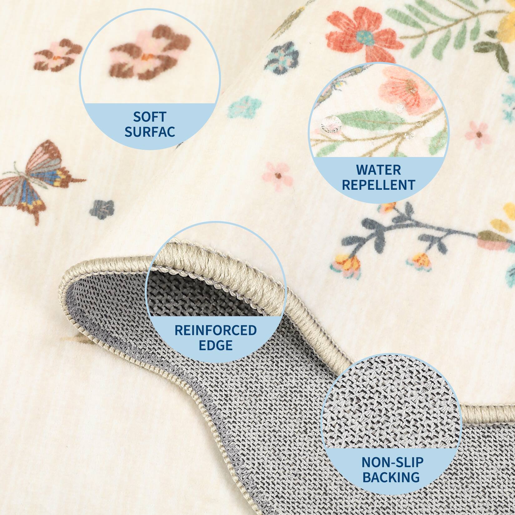 - Soft Surface
- Water Repellent
- Reinforced Edge
- Non-Slip Backing