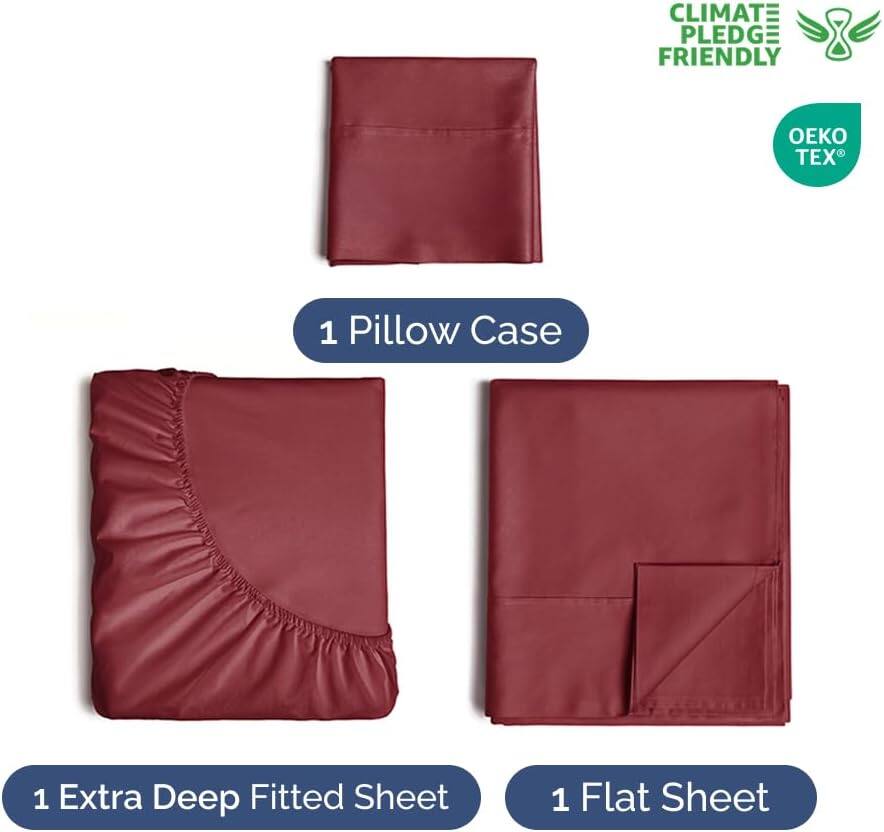 CLIMATE PLEDGE FRIENDLY  
OEKO TEX  

1 Pillow Case  
1 Extra Deep Fitted Sheet  
1 Flat Sheet