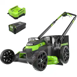Greenworks - 80V 25" Brushless Self-Propelled Dual Blade Mower, 5.0Ah Battery and Charger - Green
