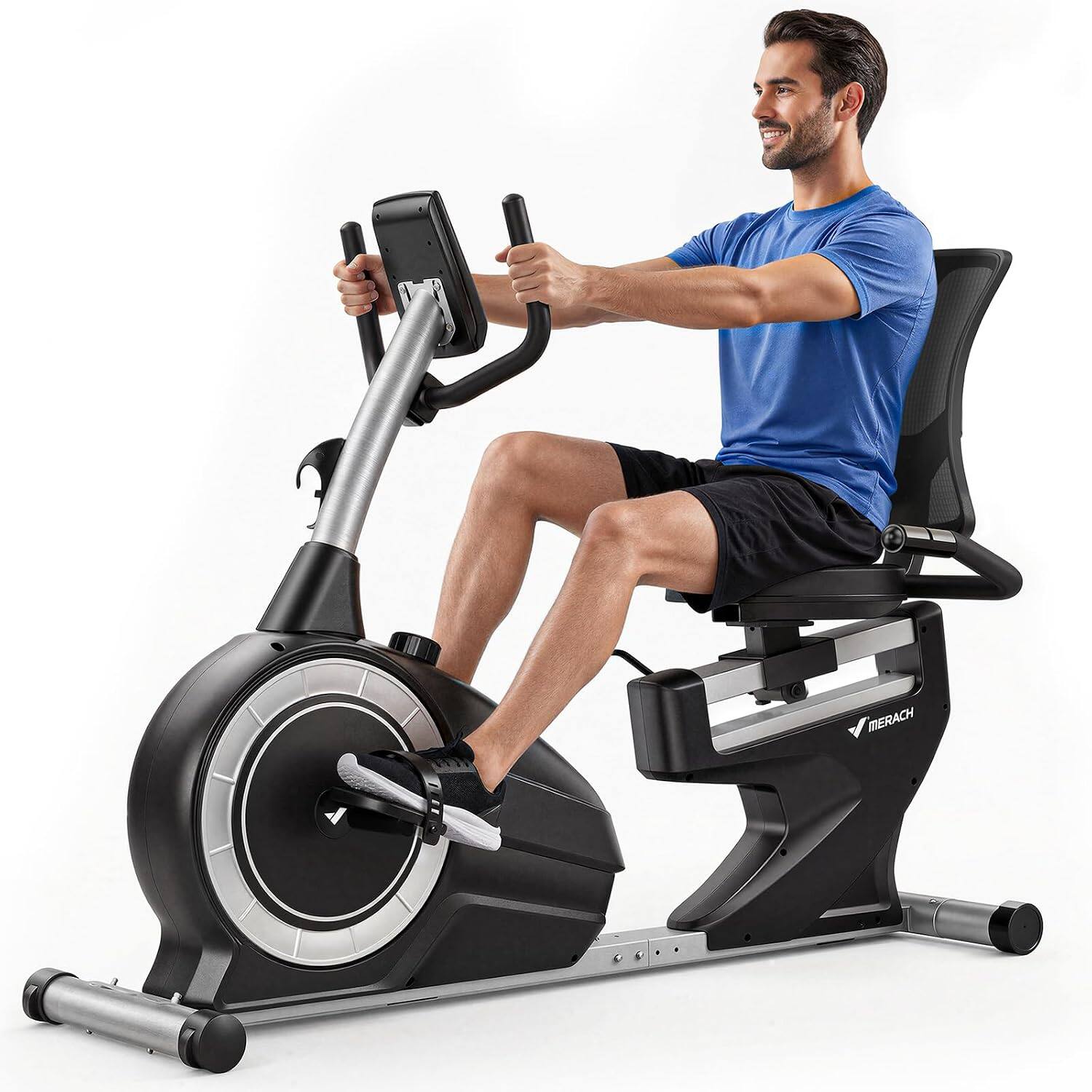 MERACH - Recumbent Exercise Bike for Seniors, 15LB Flywheel, 350LBS, Low Impact Cardio Bike with App, Comfortable Seat - Commercial Black & Silver