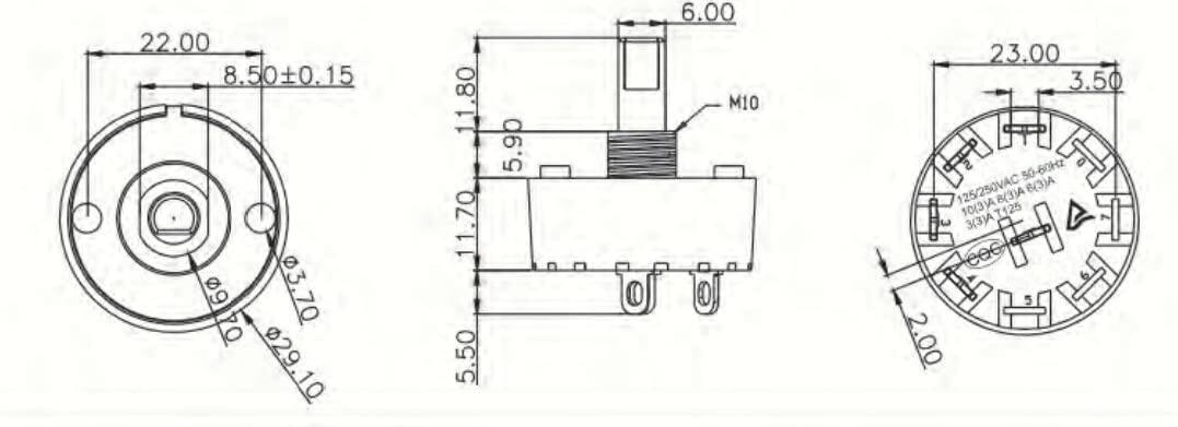 22.00  
8.50 ±0.15  
Ø3.70  
Ø29.10  
Ø11.80  
Ø11.70  
5.50  
5.90  
Ø6.00  
M10  
23.00  
3.50  
50-60Hz  
125/250VAC  
B(3)A  
8(3)A  
10(3)A  
T125  
3(3)A  
CE  
2.00