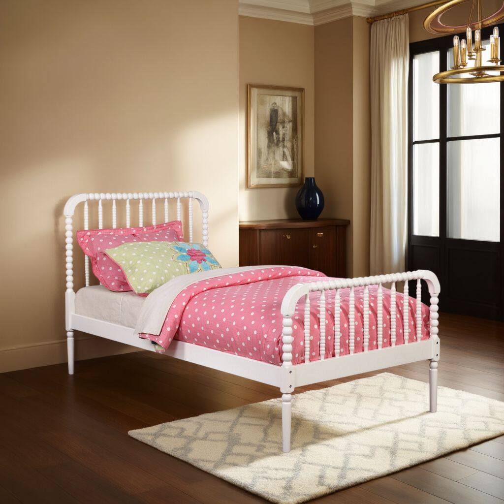 Alt View 5. Manhattan Lane - Wooden Twin Bed with Bobbin Style Slatted Headboard and Footboard - White.