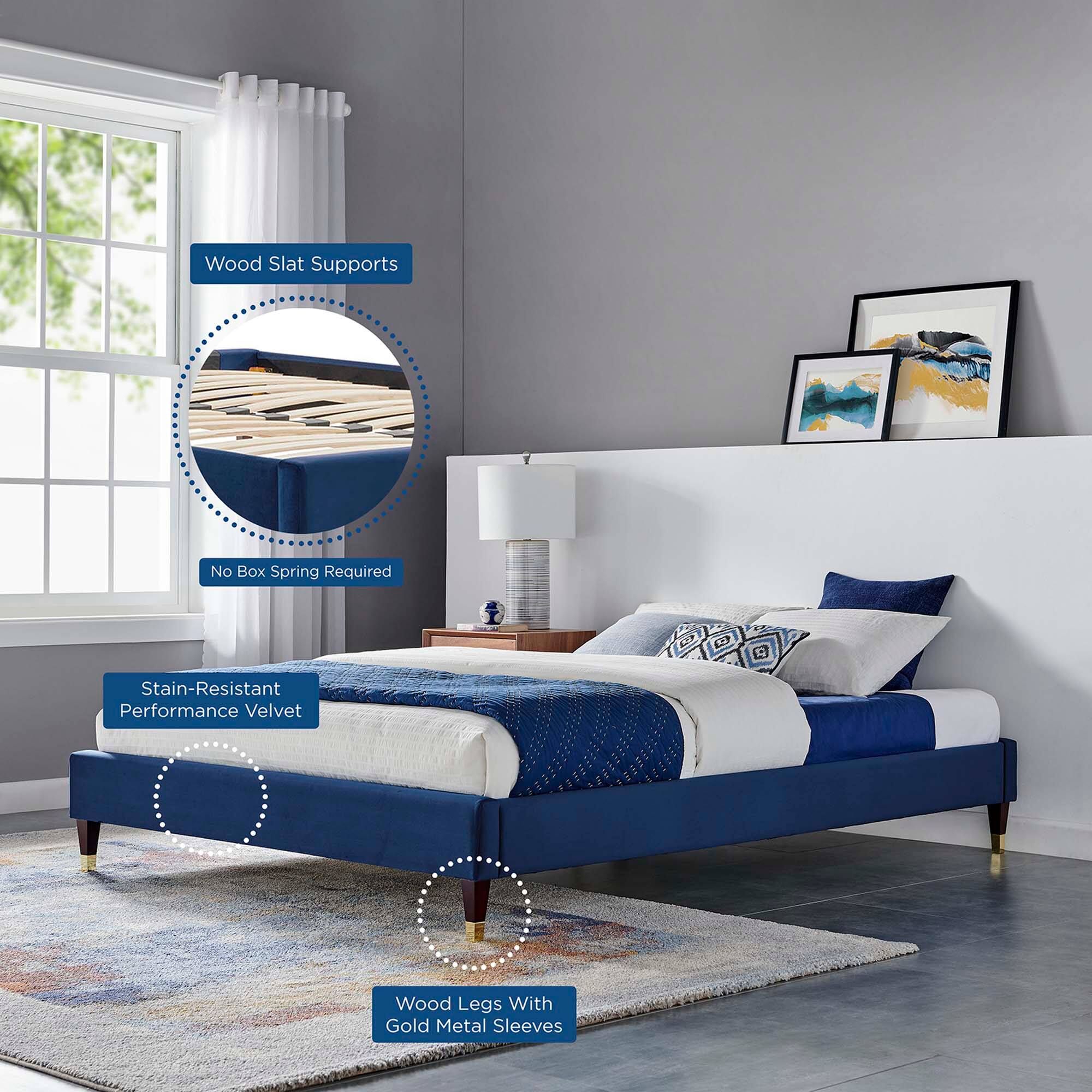 - Wood Slat Supports
- No Box Spring Required
- Stain-Resistant Performance Velvet
- Wood Legs With Gold Metal Sleeves