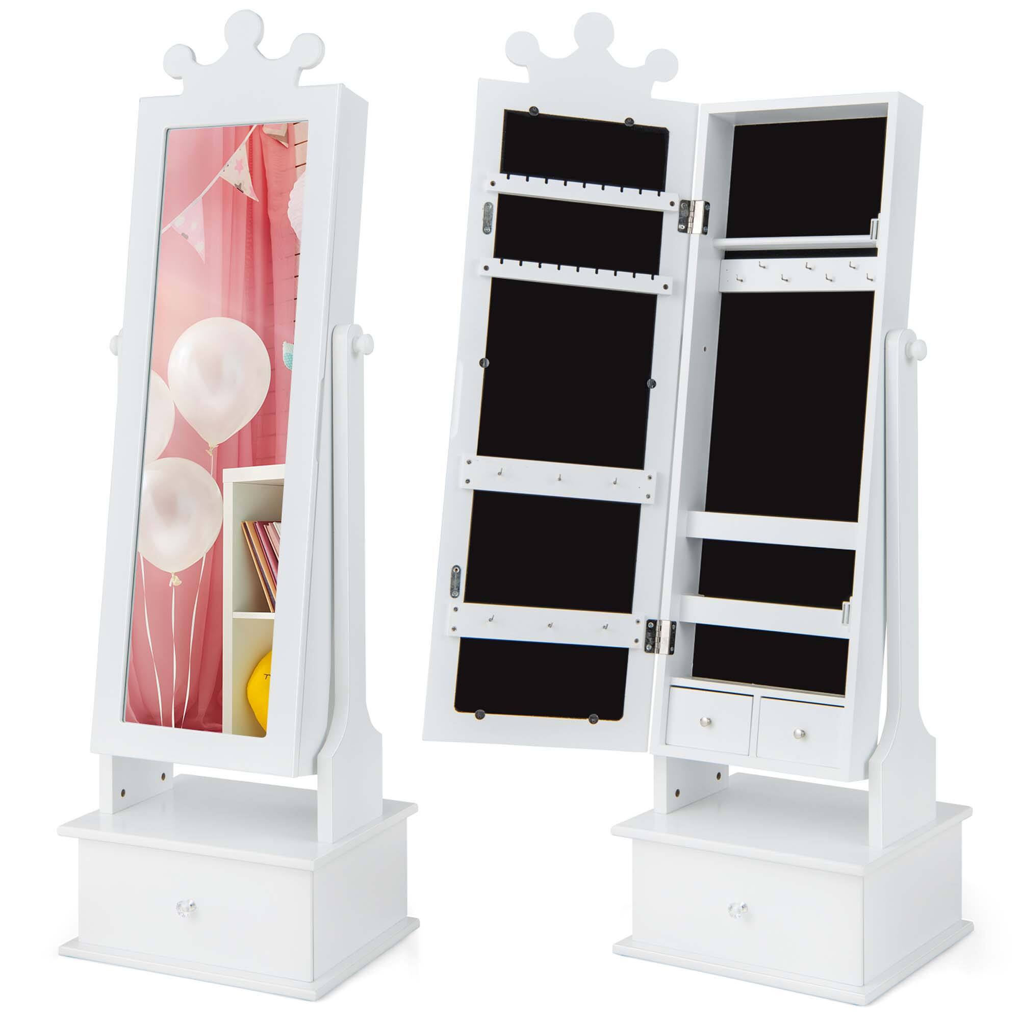 Front. Costway - Costway Kid Freestanding Jewelry Armoire 2-in-1 Full Length Mirror Storage Drawer - White.