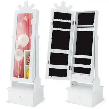 Front. Costway - Costway Kid Freestanding Jewelry Armoire 2-in-1 Full Length Mirror Storage Drawer - White.