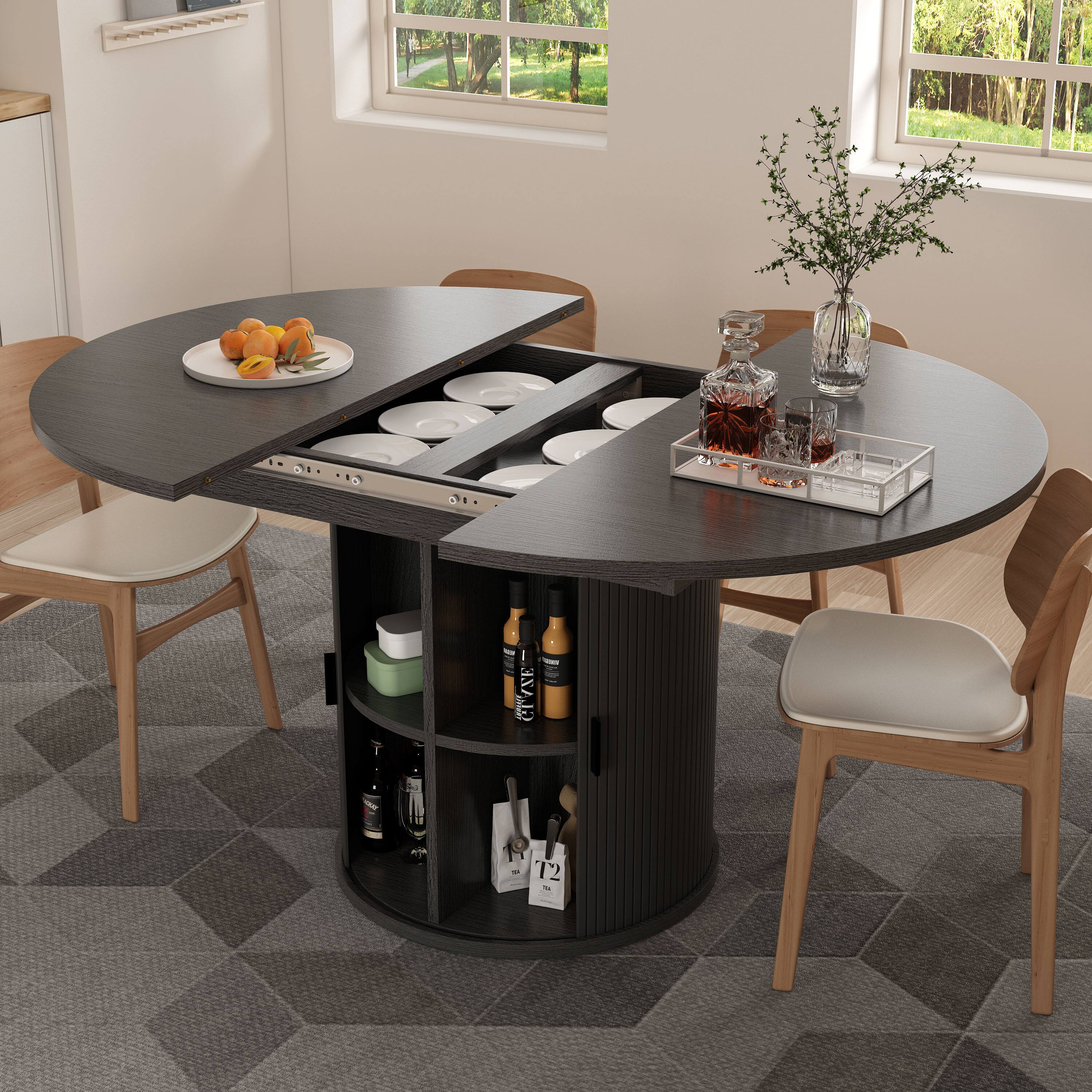 Angle. Dyonery - Extendable Round Dining Table, 43-59 Inch Dining Room Kitchen Table with 2-Tier Storage Shelf With base，wood tabletop - Black.