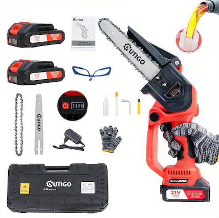 The text in the image is:
"UTIGO 21V Lithium Battery Chainsaw CUTIGO MOD. YL-123"
The text in the image is:
"UTIGO 21V Lithium Battery Chainsaw CUTIGO MOD. YL-123"