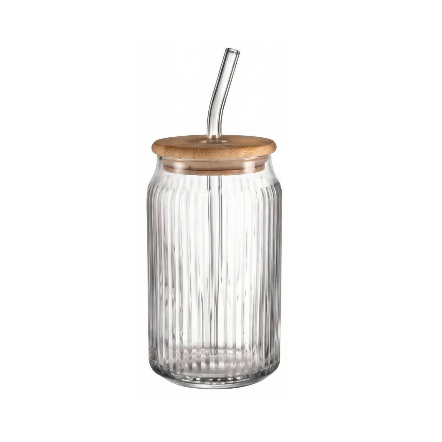 Angle. Jay Import - Ribbed Set of 4 Glass Sippers 18oz - Clear.