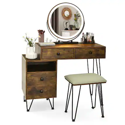 Front. Costway - Costway Vanity Table Stool Set Dimmer LED Mirror Large Cabinet Drawer Rustic - Rustic Brown.