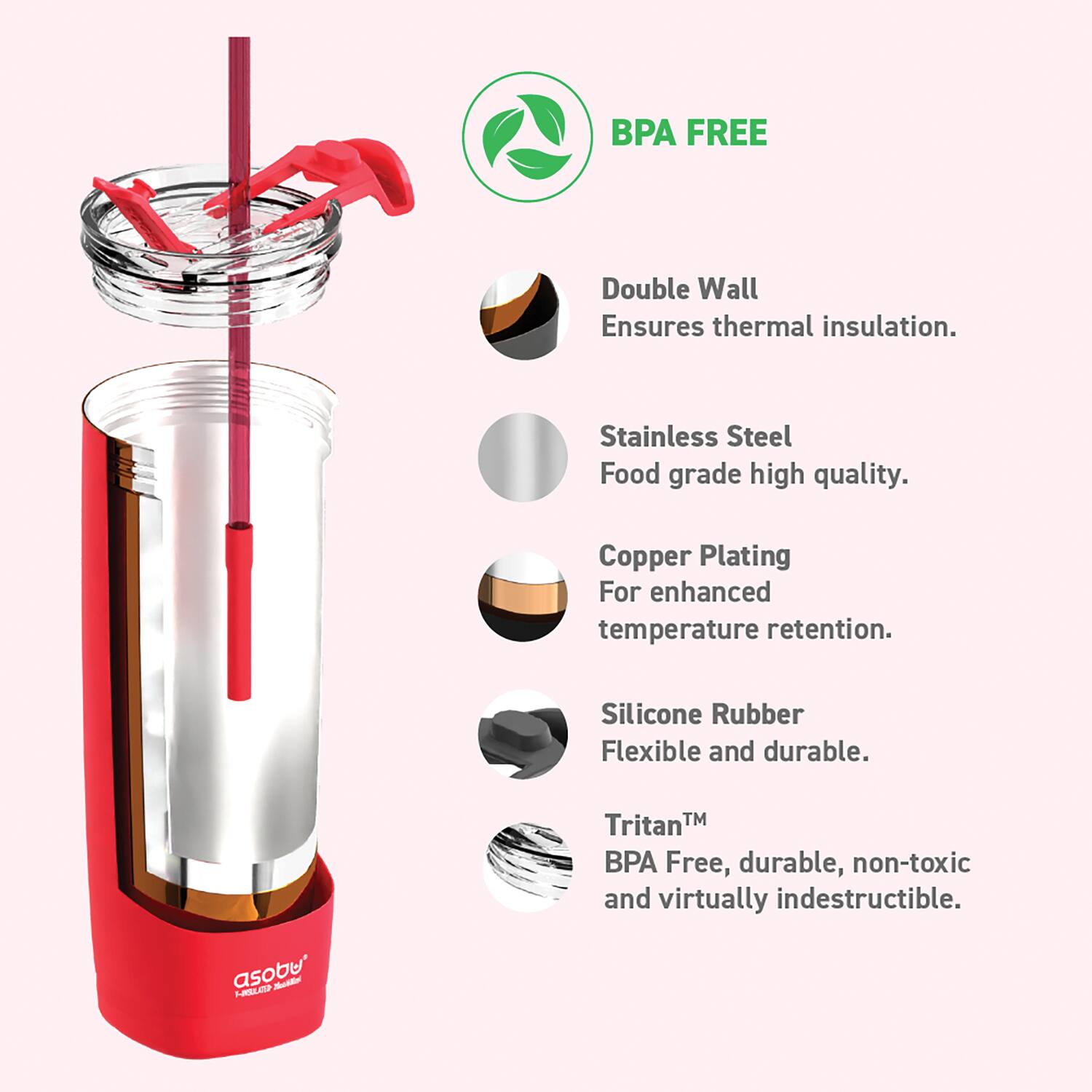 BPA FREE

- Double Wall  
  Ensures thermal insulation.

- Stainless Steel  
  Food grade high quality.

- Copper Plating  
  For enhanced temperature retention.

- Silicone Rubber  
  Flexible and durable.

- Tritan™  
  BPA Free, durable, non-toxic and virtually indestructible.