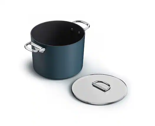 Front. Joseph Joseph - Space Ceramic Non-stick 8.5 Qt. Stock Pot with Folding Handles and Lid - Blue.