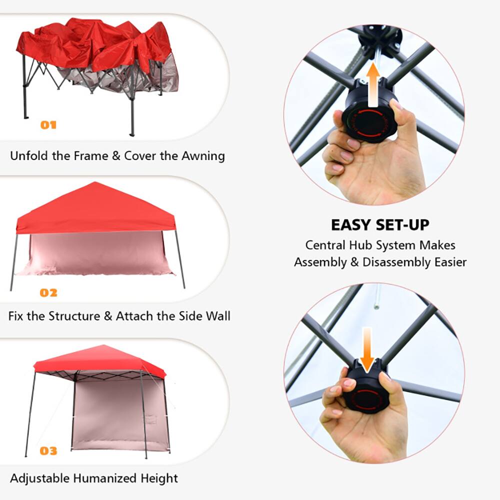 01 Unfold the Frame & Cover the Awning  
02 Fix the Structure & Attach the Side Wall  
03 Adjustable Humanized Height  

EASY SET-UP  
Central Hub System Makes Assembly & Disassembly Easier