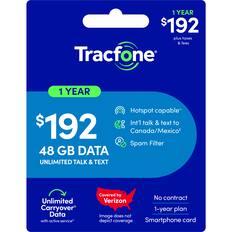 1 YEAR $192 plus taxes & fees
Tracfone
1 YEAR Hotspot capable*
Int'l talk & text to Canada/Mexico*
8 Spam Filter
48 GB DATA
UNLIMITED TALK & TEXT
Unlimited Carryover Data with active service*
Covered by No contract Verizon 1-year plan
Image does not depict coverage
Smartphone card