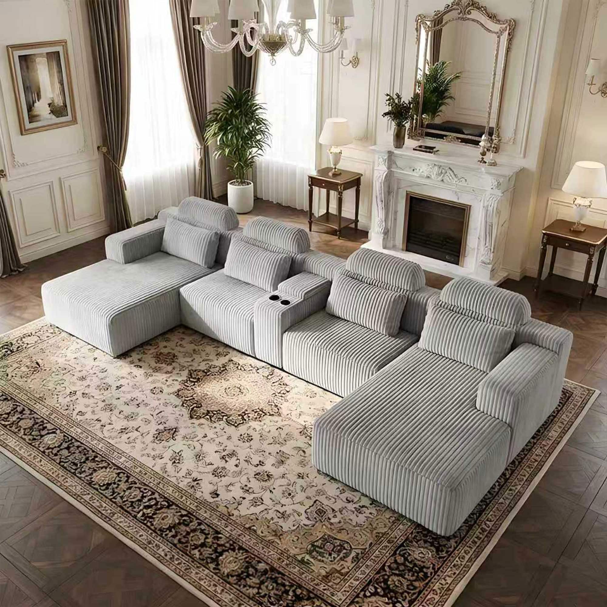 Anysun - 143.7" U-Shaped Velvet Sectional Sofa with Chaise Lounge & Cup Holders, Extra Large Modular Couch for Home - Gray