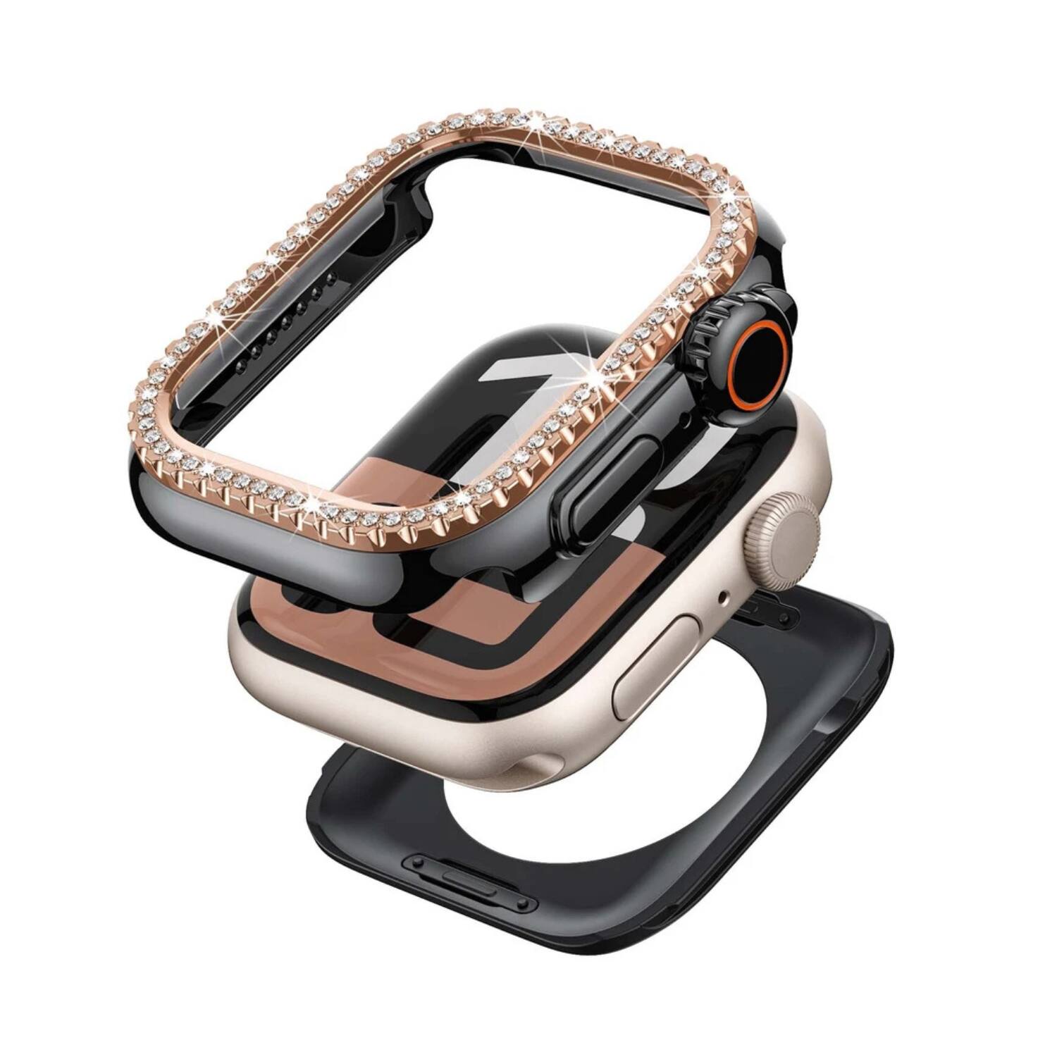 Back. Stock Preferred - Rugged Metal Diamond Bumper Case with Back Cover for Apple Watch 45mm Black Rose Gold - Black Rose Gold.