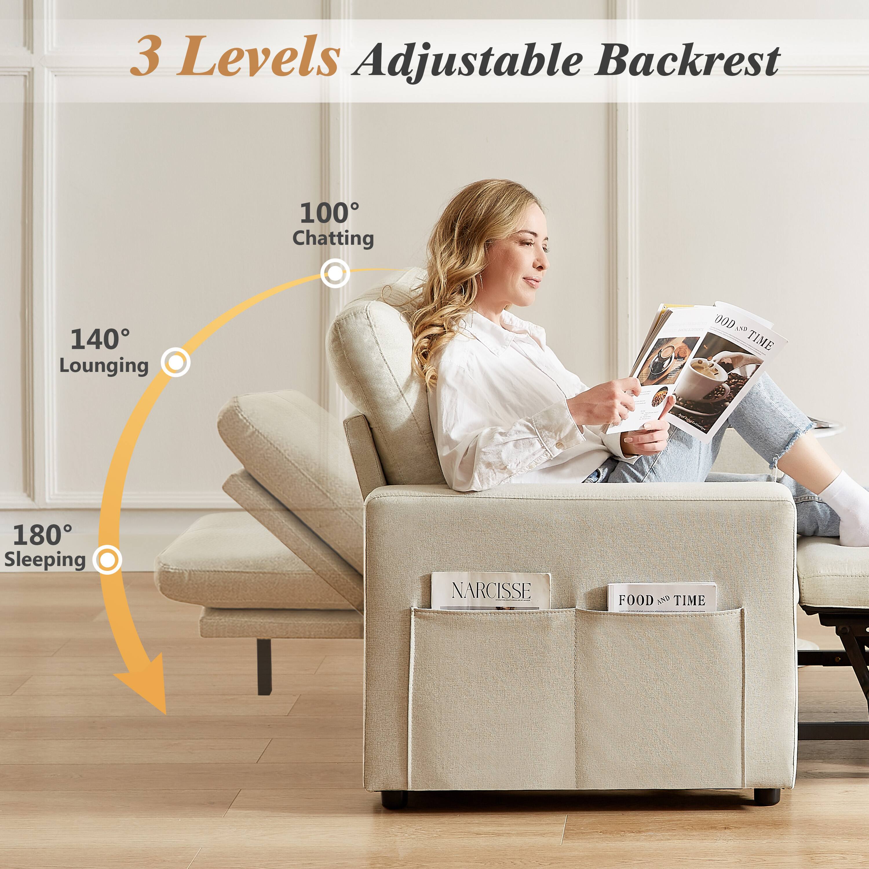 3 Levels Adjustable Backrest

100° Chatting

140° Lounging

180° Sleeping

NARCISSE

FOOD & TIME