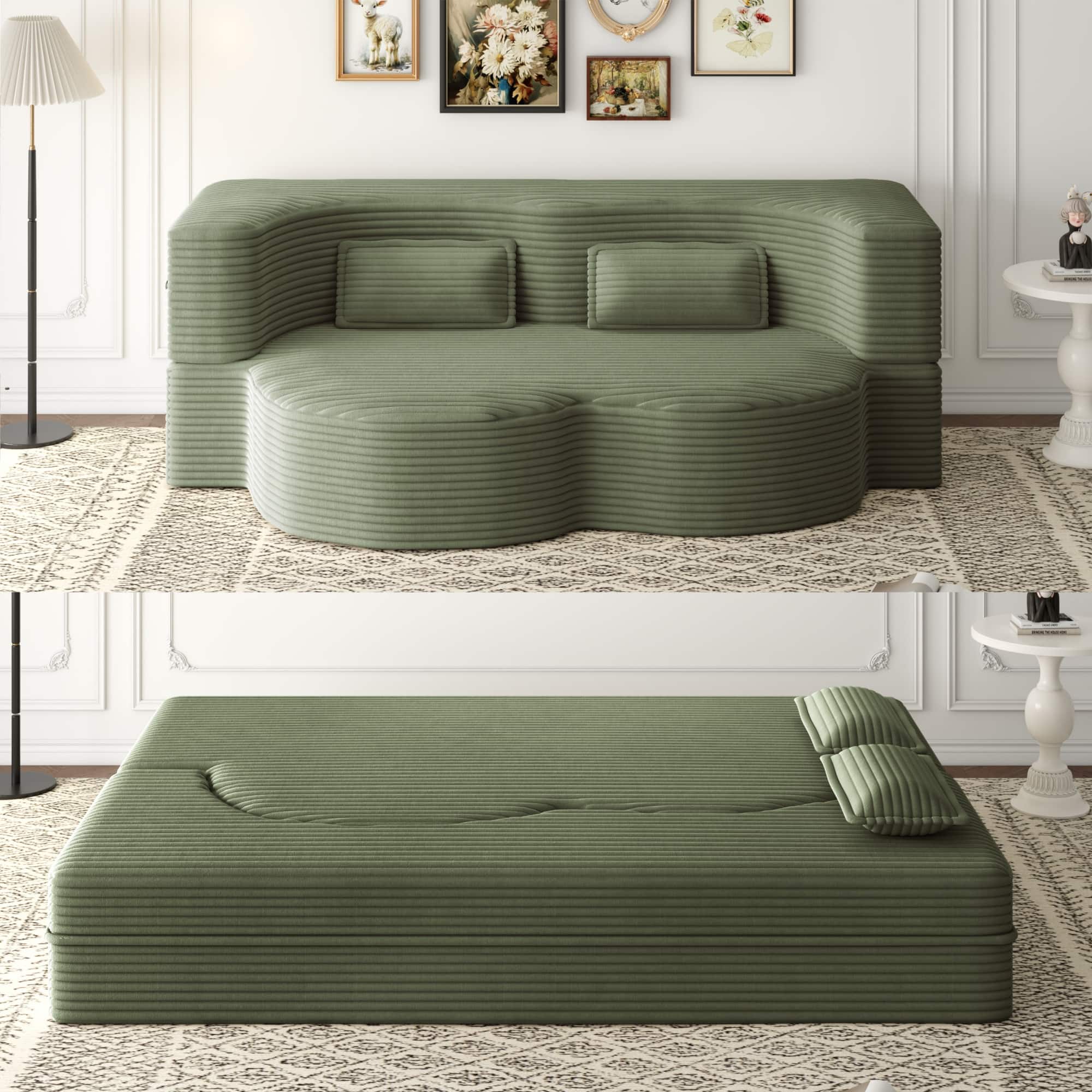 Trinkets Crazed - Convertible Sleeper Sofa Bed,15" Thick Full Size Folding Floor Couch, Corduroy Foam-Filled Futon Loveseat Couch - Green