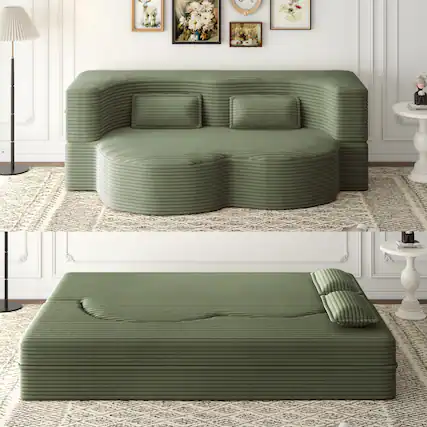 Front. Trinkets Crazed - Convertible Sleeper Sofa Bed,15" Thick Full Size Folding Floor Couch, Corduroy Foam-Filled Futon Loveseat Couch - Green.