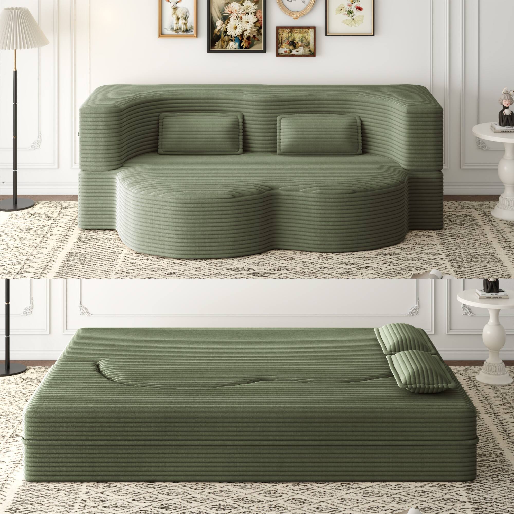 Front. Trinkets Crazed - Convertible Sleeper Sofa Bed,15" Thick Full Size Folding Floor Couch, Corduroy Foam-Filled Futon Loveseat Couch - Green.