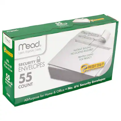 55 DYTEUN 1 nad. Mead PE poe PreEE n freod. m god P mead Create. INSTANT SEALING REQUIRED PRESOT Learn. Organize. NO LICKING GEALITF LINING PRINTED PRIVACY 2 FOR b. 11 X 6 SECURITY PRESS-IT SEAL-IT O X IN ENVELOPES P 16.5 C SELF-ADHESIVE 55 55 Envelopes EWBOPES COUNT 63/4 Security No. & Office 5000 for Home All-Purpose