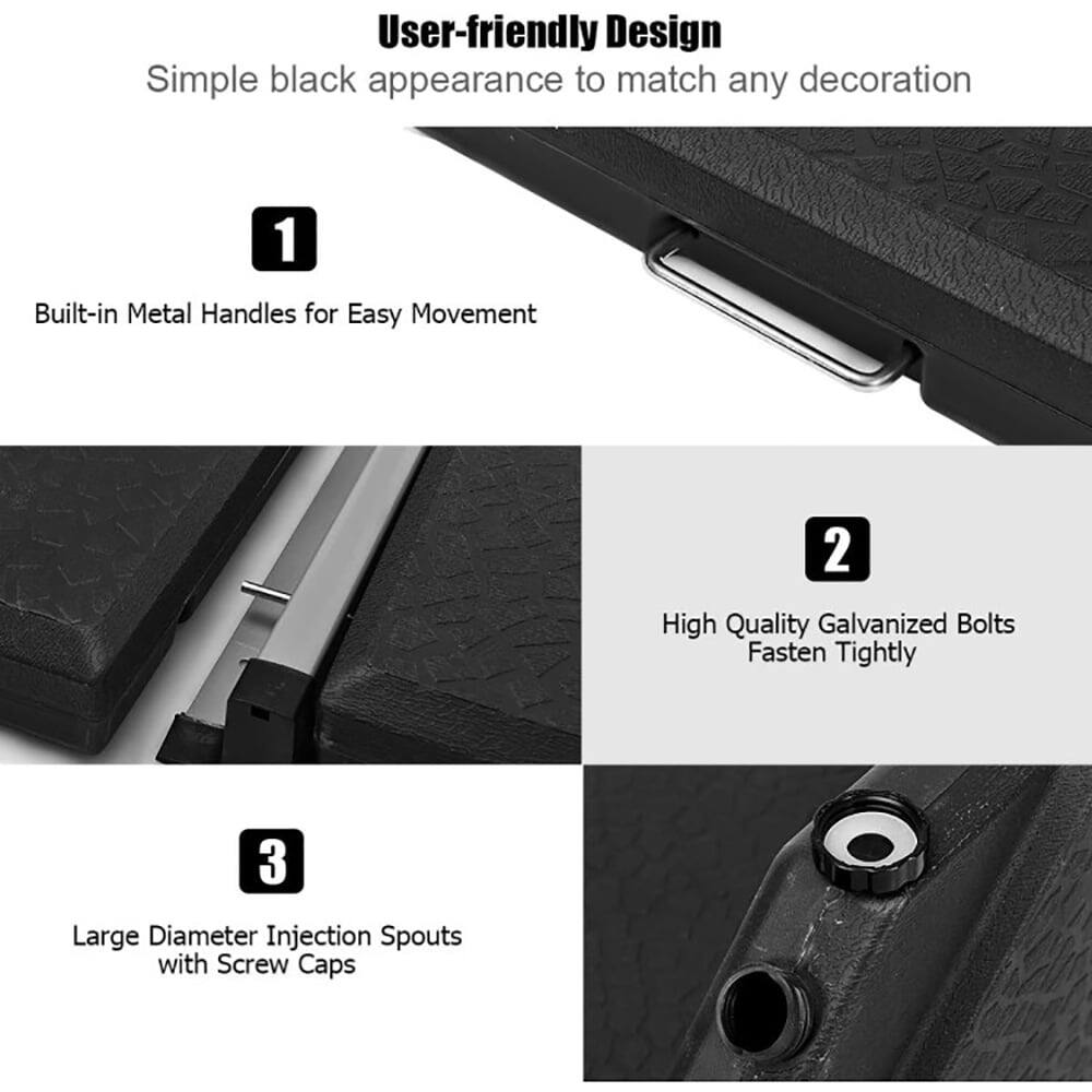 User-friendly Design  
Simple black appearance to match any decoration  

1. Built-in Metal Handles for Easy Movement  
2. High Quality Galvanized Bolts Fasten Tightly  
3. Large Diameter Injection Spouts with Screw Caps