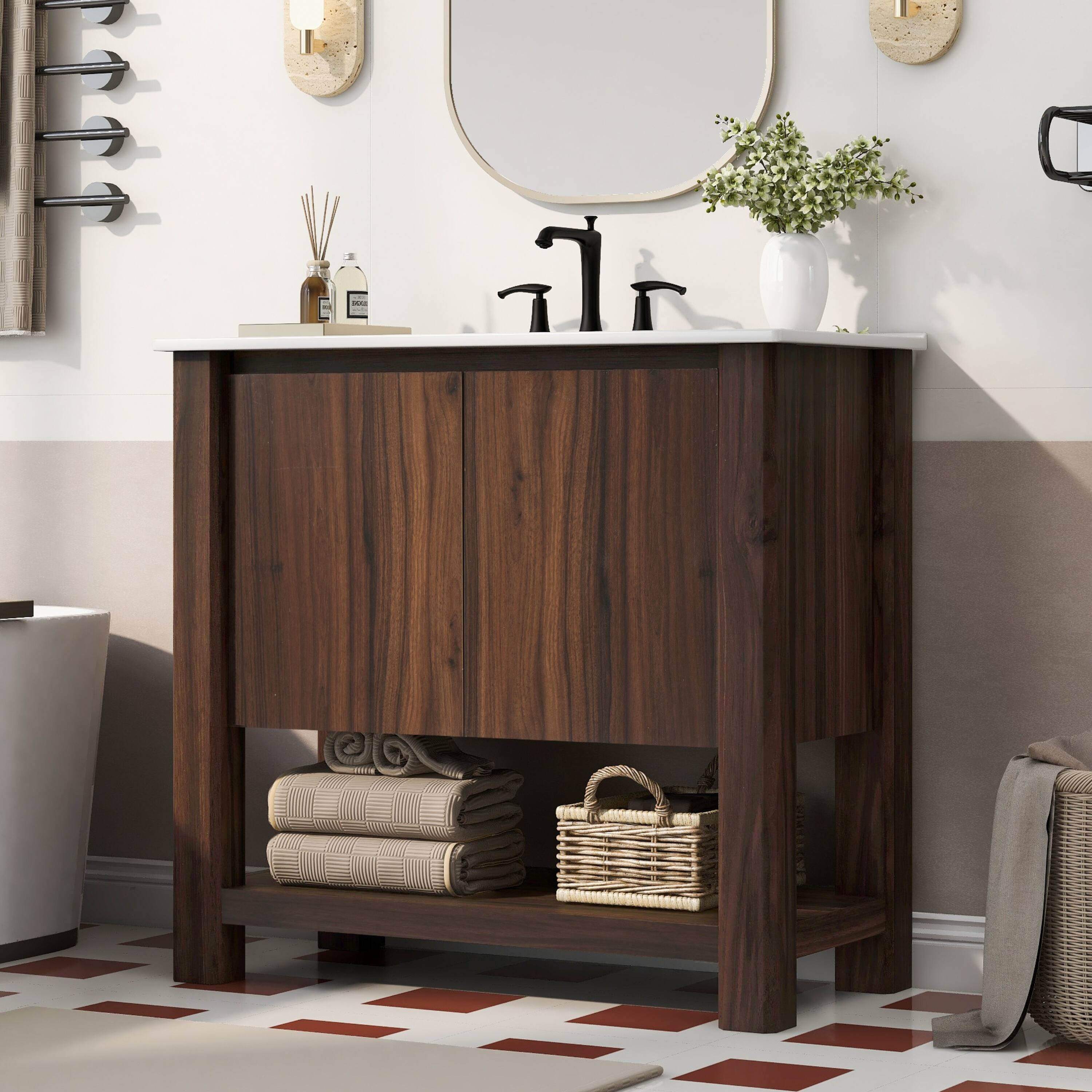 Left. Loheer - Modern 2.96 ft Bathroom Vanity with Ceramic Sink and Open Shelf - Antique brown.