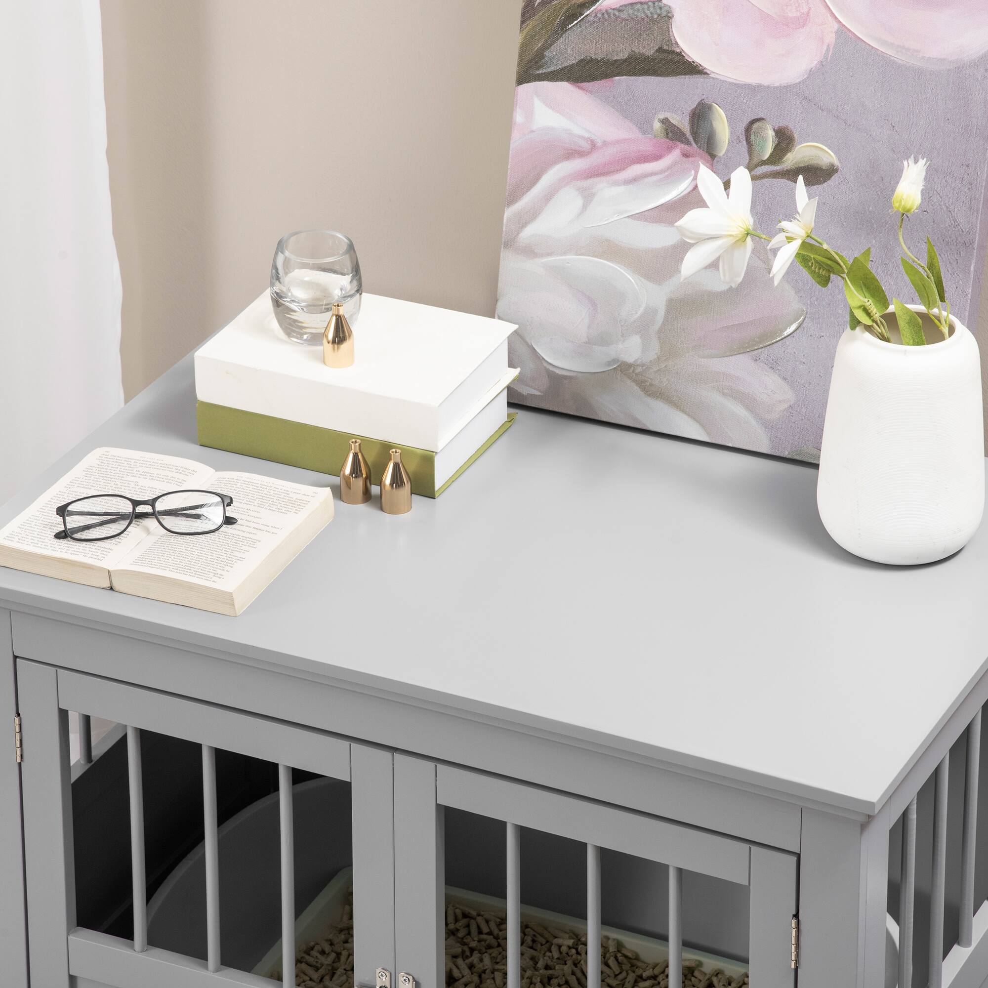 Angle. Siljoy - Wooden Dog Crate End Table with Triple Doors, Magnetic Closure & Steel Frame for Small Dogs.