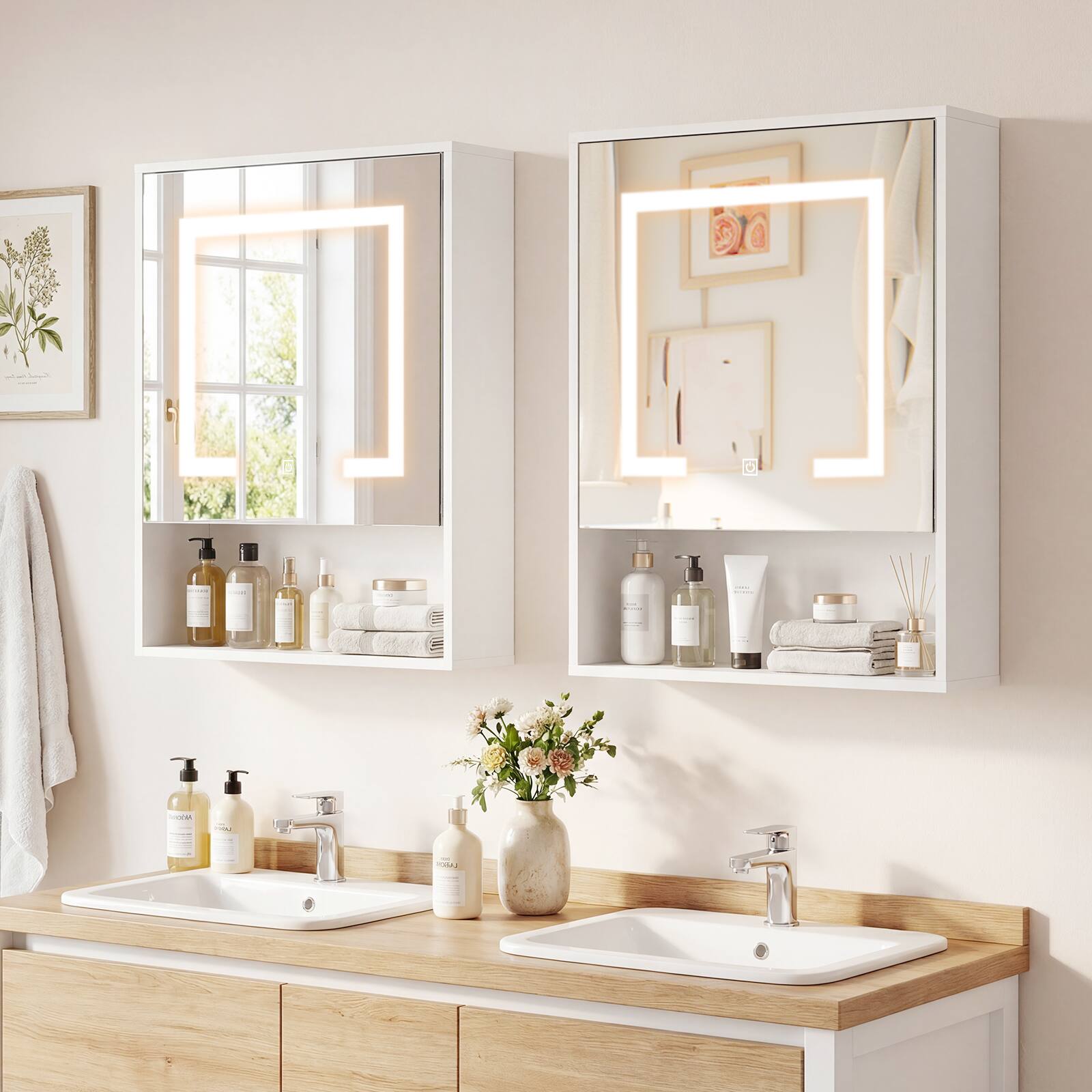 Alt View 4. Costway - Costway 24" x 18" Medicine Cabinet with Mirror Lights Adjustable Shelf Lighted Wall Cabinet - White.