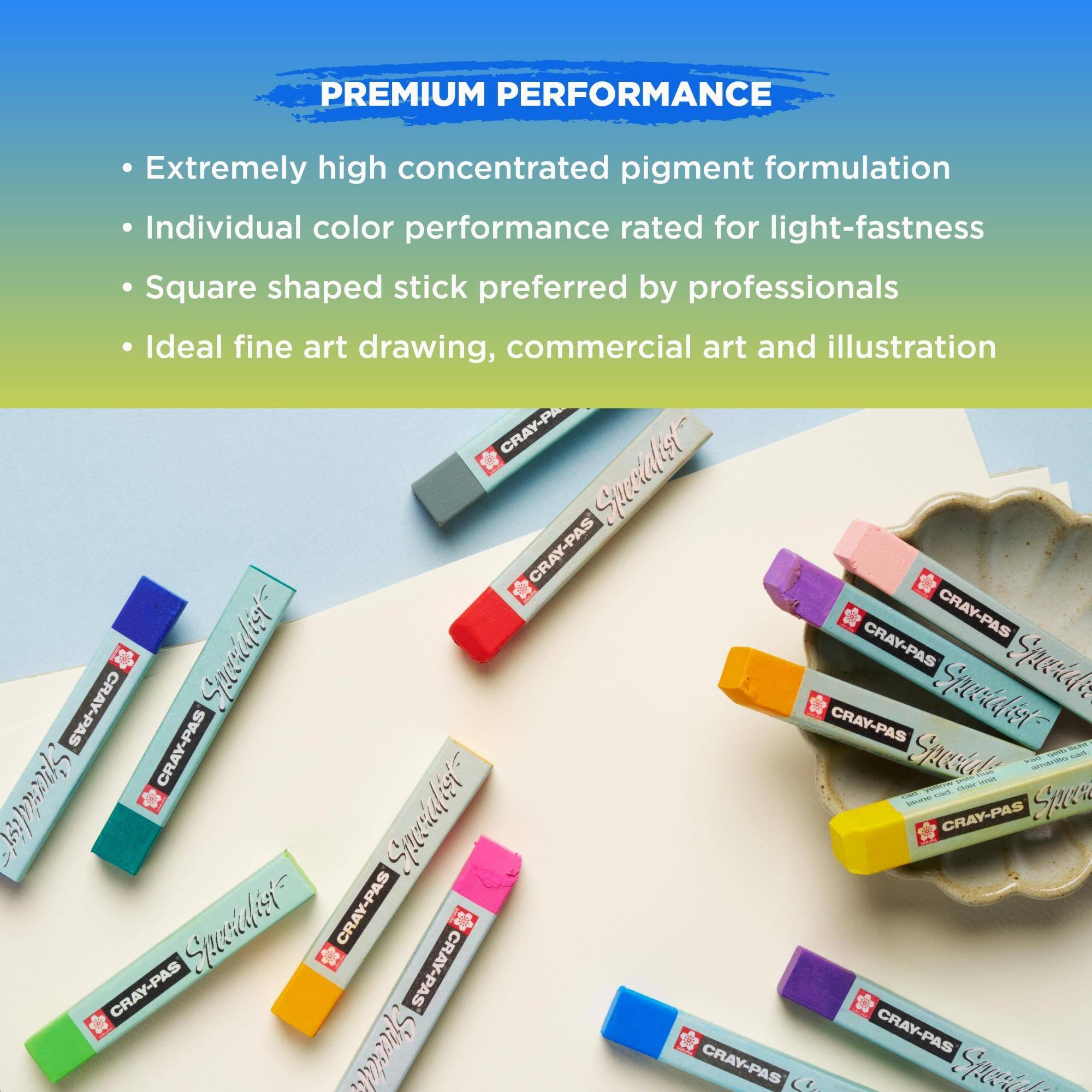 PREMIUM PERFORMANCE

- Extremely high concentrated pigment formulation
- Individual color performance rated for light-fastness
- Square shaped stick preferred by professionals
- Ideal fine art drawing, commercial art and illustration

CRAY-PAS Specialist
