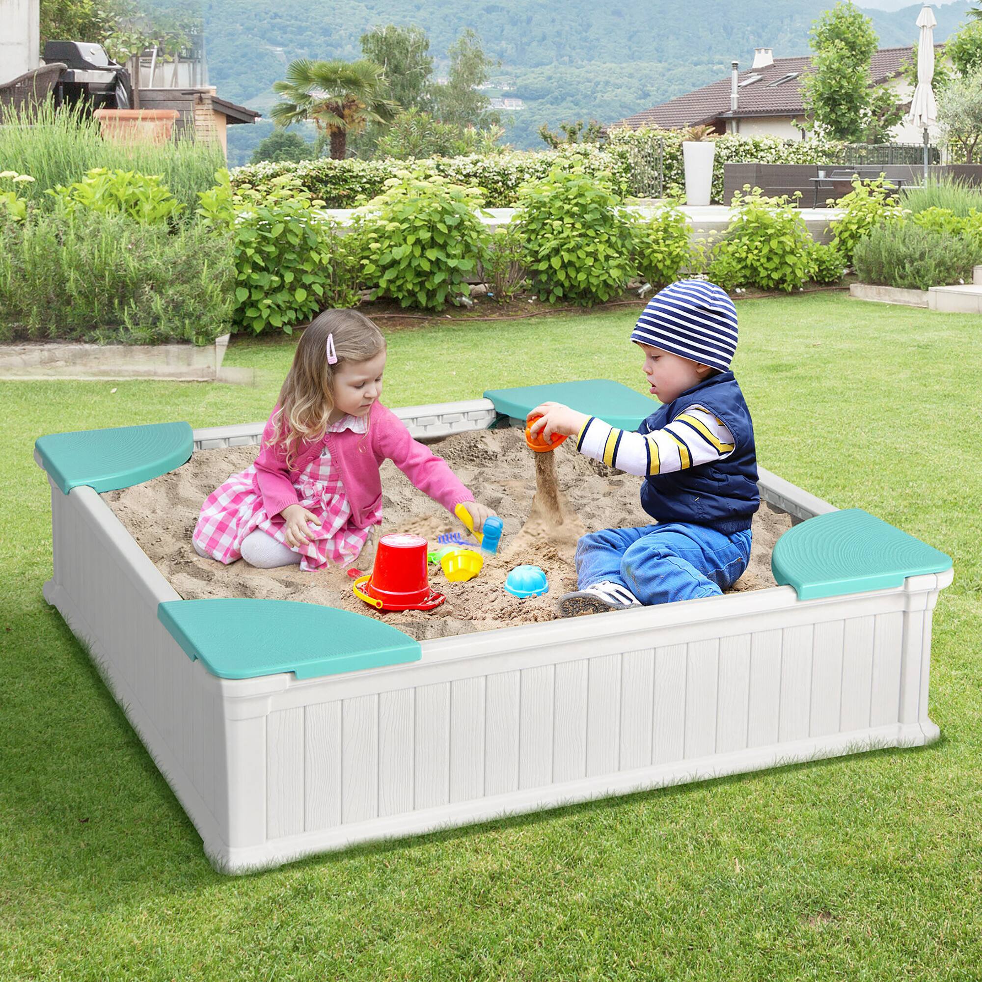 Alt View 3. Gymax - Gymax Kids Outdoor Sandbox 48.5'' x 48.5'' x 12.5'' Large HDPE Sandpit with Oxford Cover White - White.