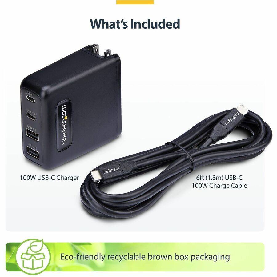 What's Included

USB-C1 USBC2 StarTech.com 100W USB-C Charger

StarTech.com
StarTechcom 6ft (1.8m) USB-C 100W Charge Cable

Eco-friendly recyclable brown box packaging